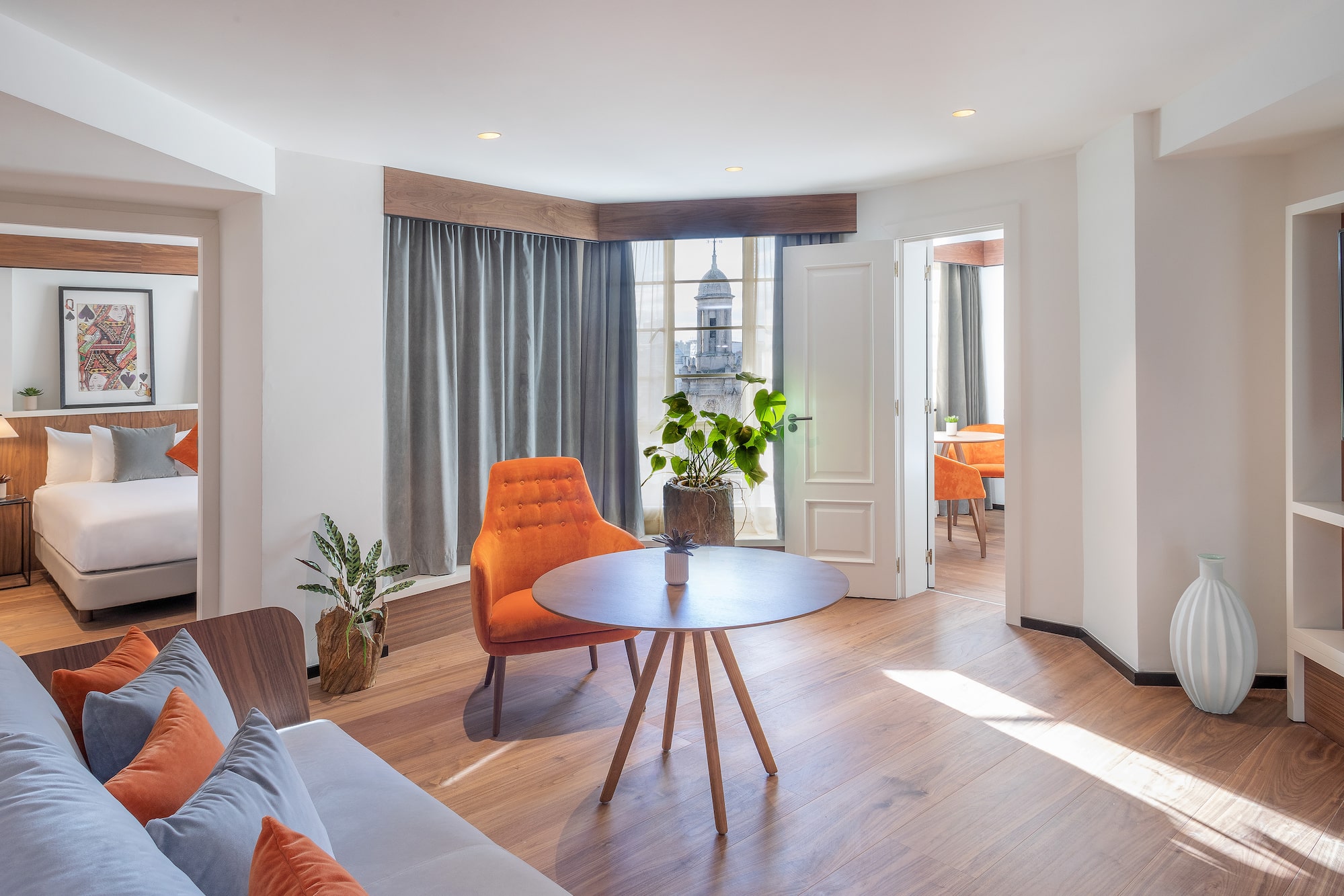 a room with a table and chairs