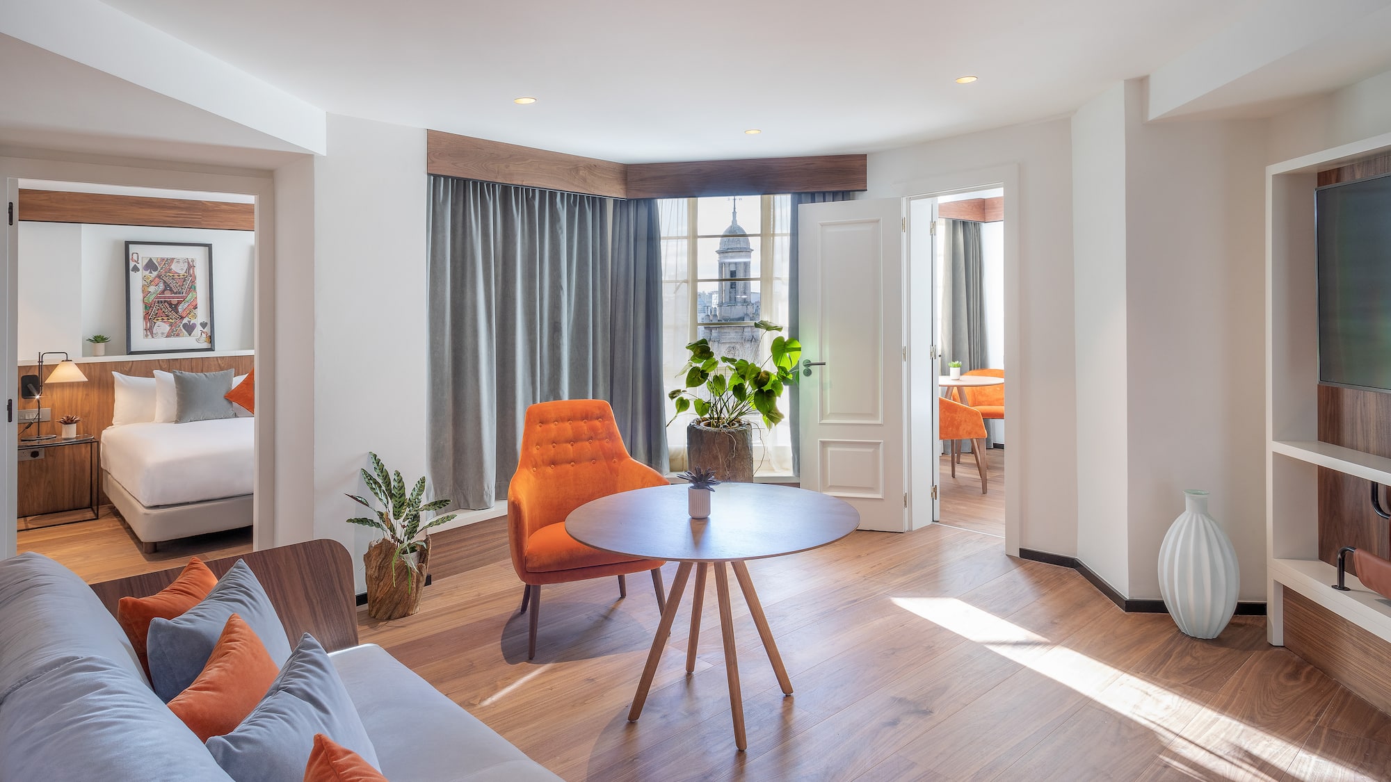 a room with a table and chairs