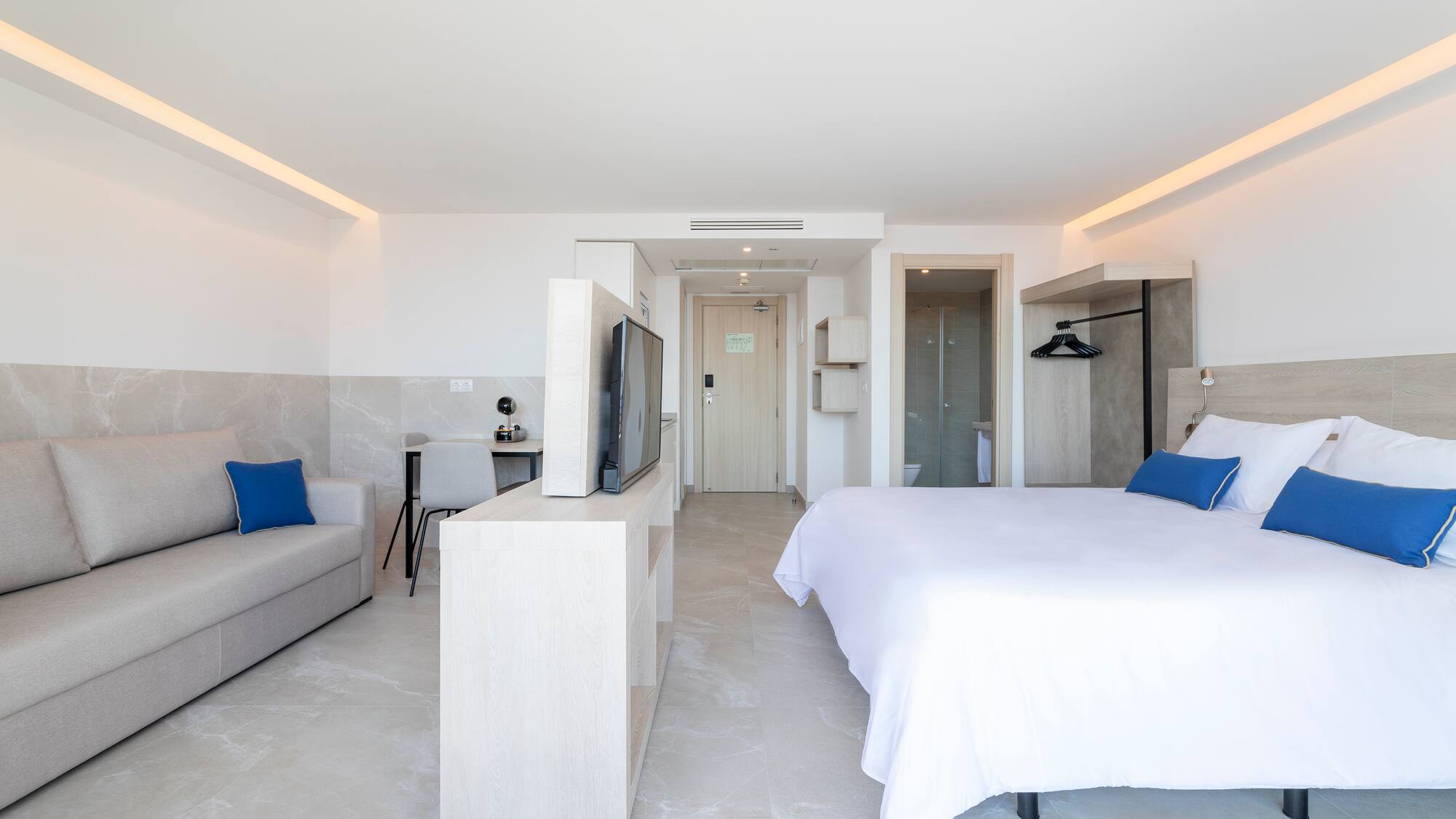 a bedroom with a bed and a television