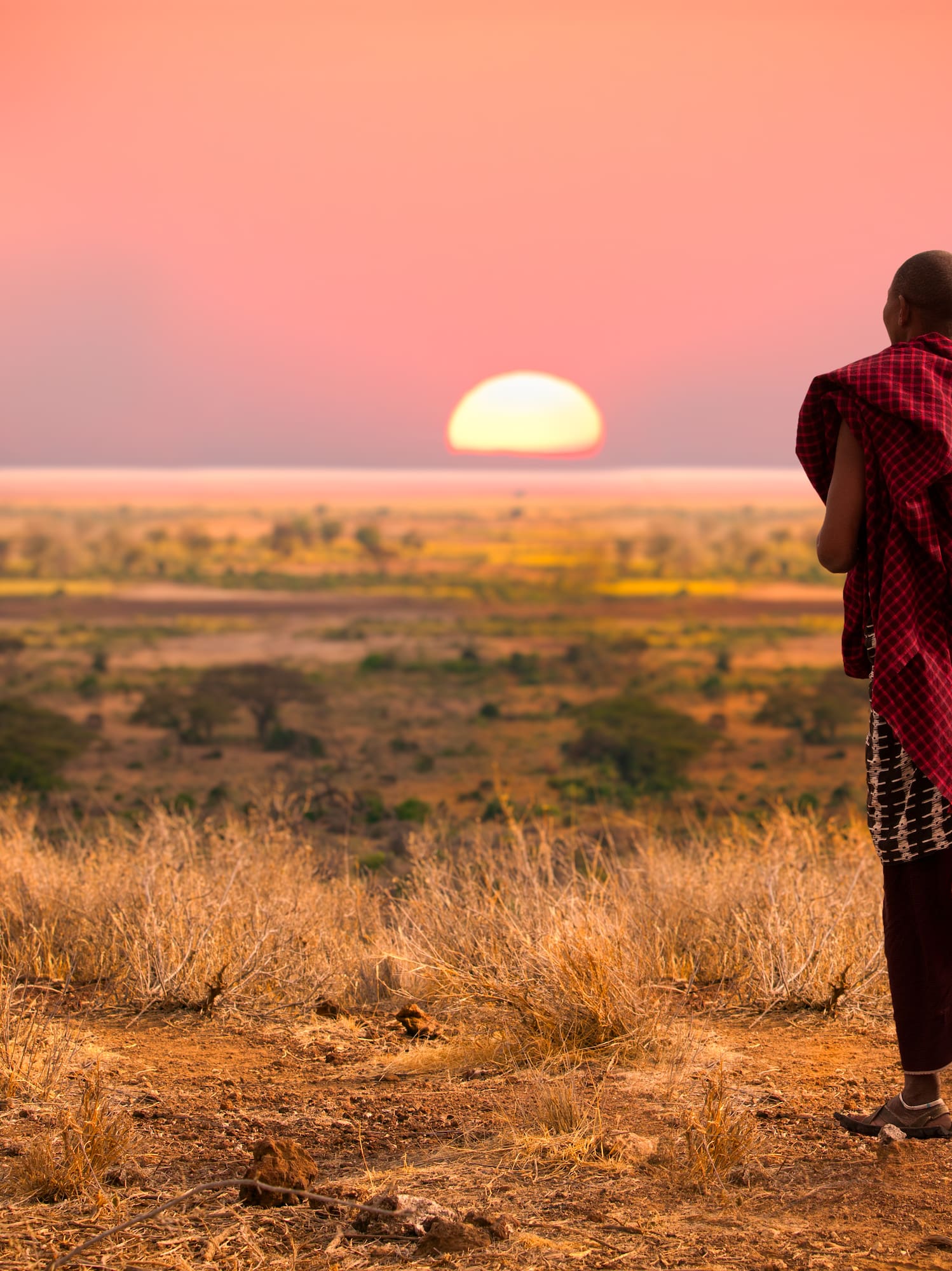 a man standing in a field looking at the sunset