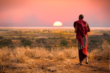 a man standing in a field looking at the sunset