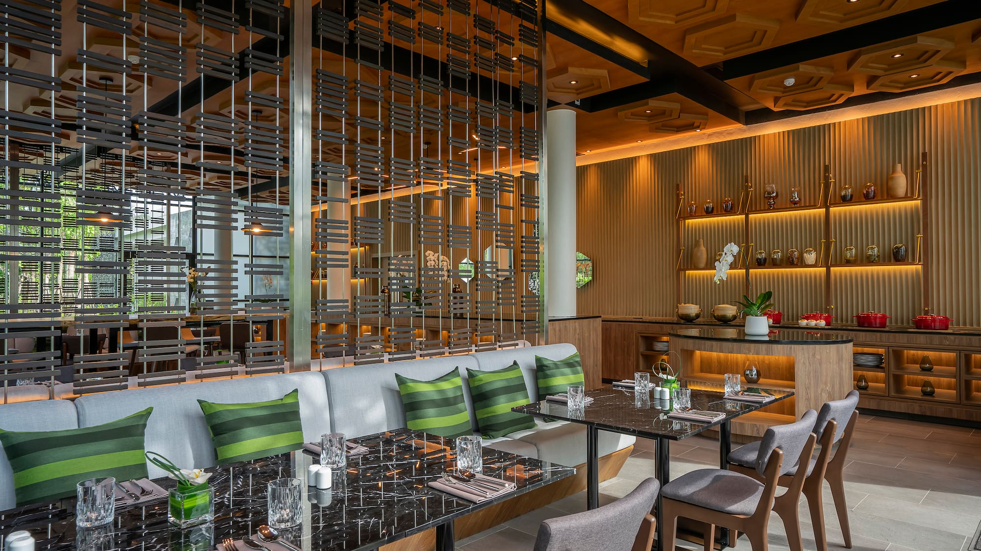 a restaurant with tables and chairs