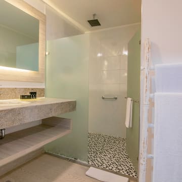 a bathroom with a glass shower and a mirror
