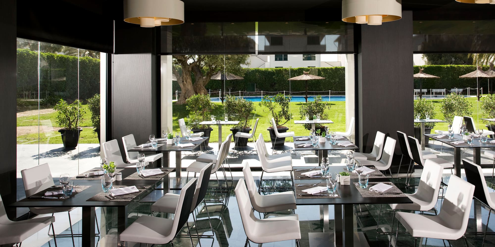 a room with tables and chairs