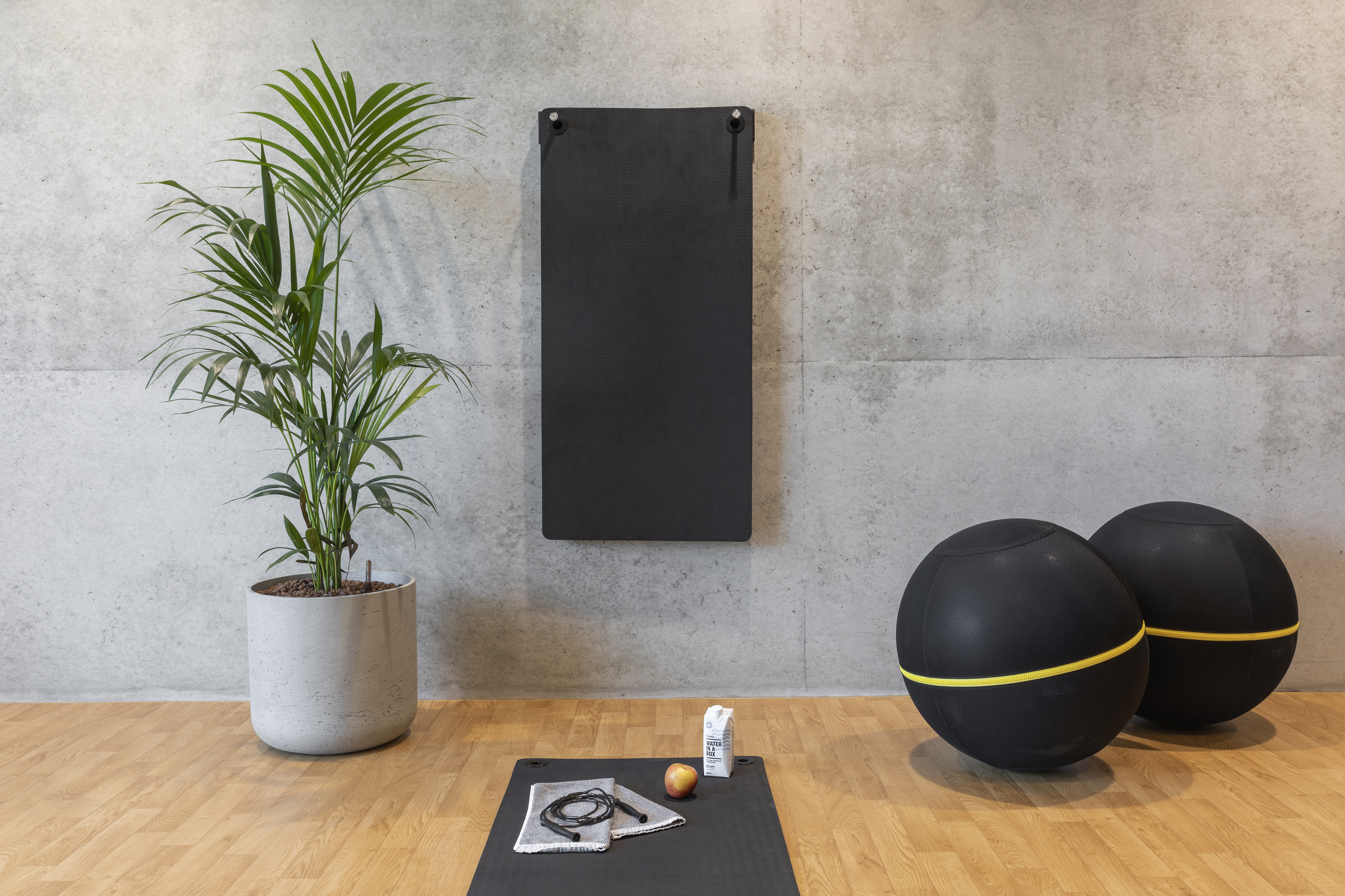 Modern fitness room with yoga mat, medicine balls, concrete wall, wooden floor.