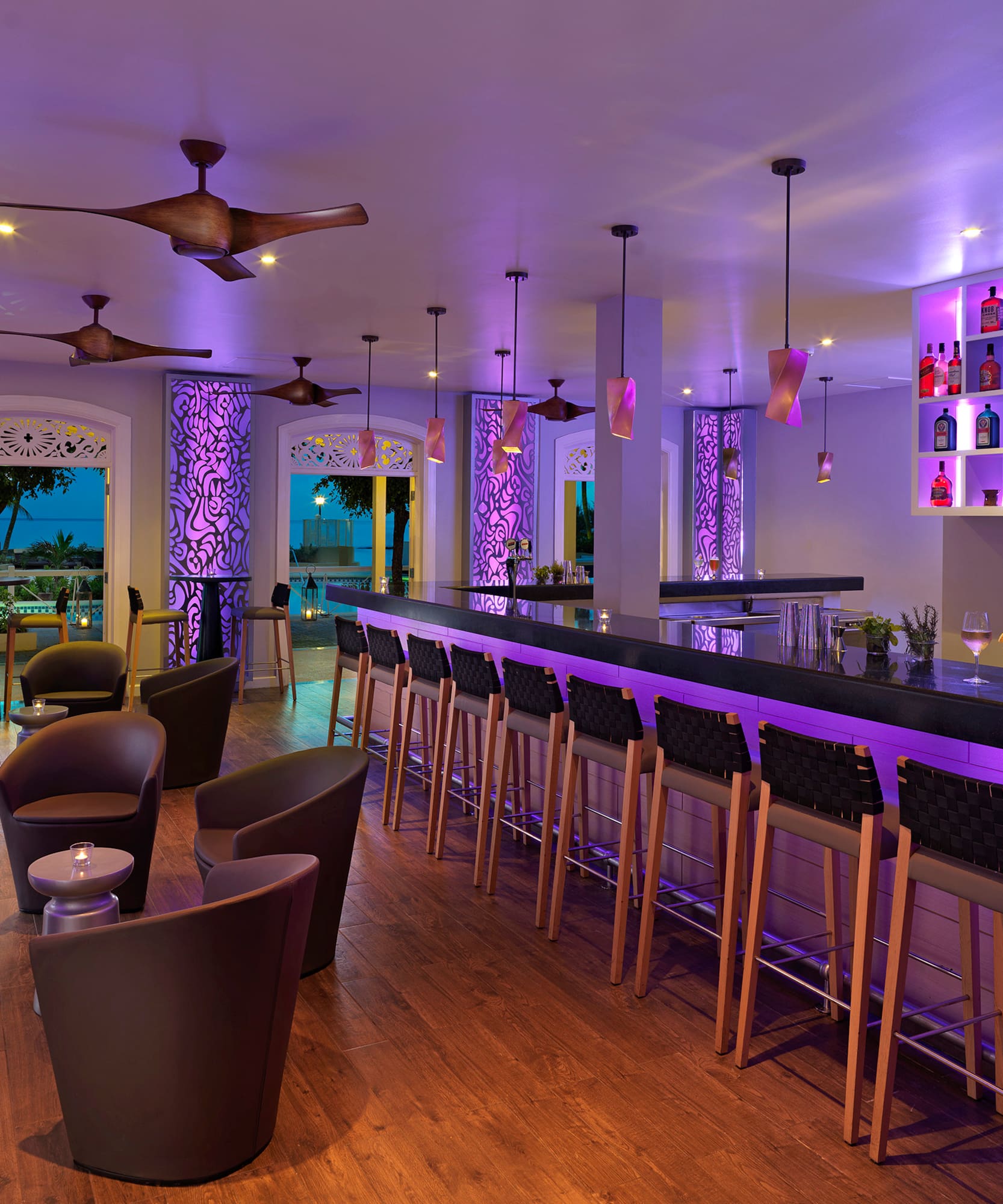 a bar with purple lights