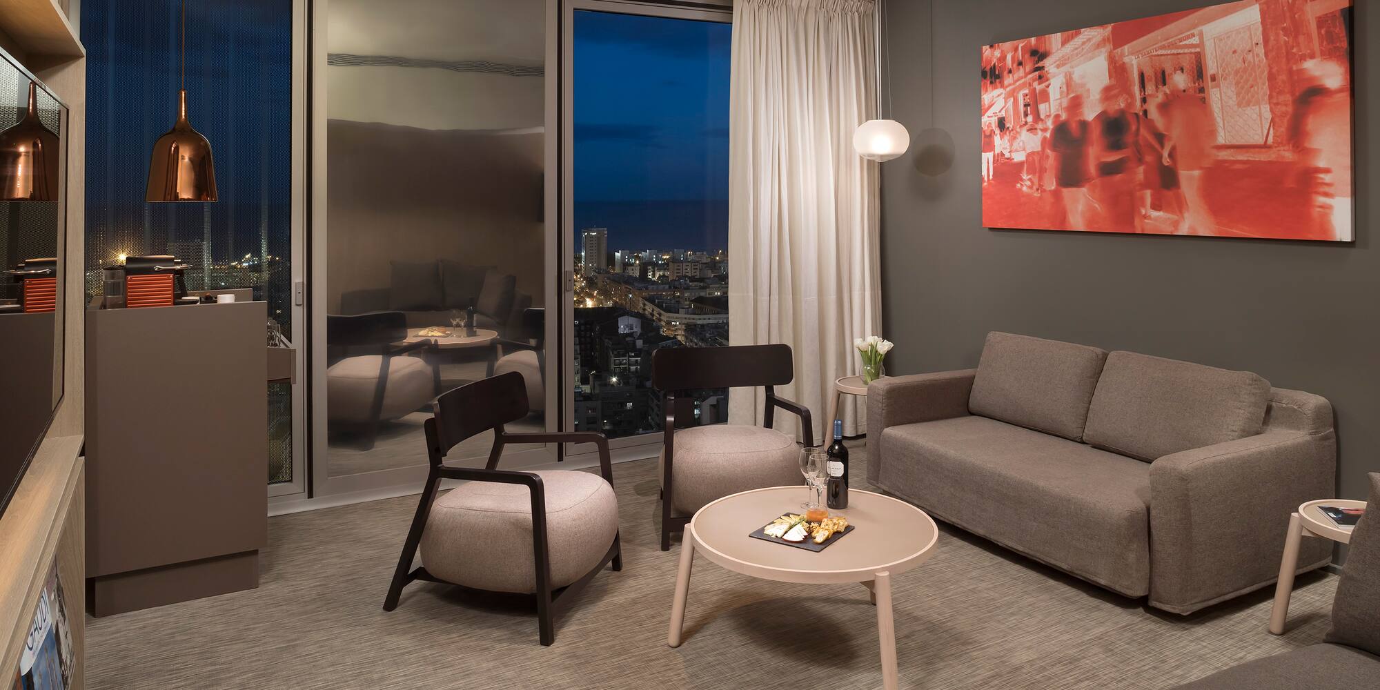 a living room with a couch and a table