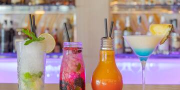 a group of drinks on a table