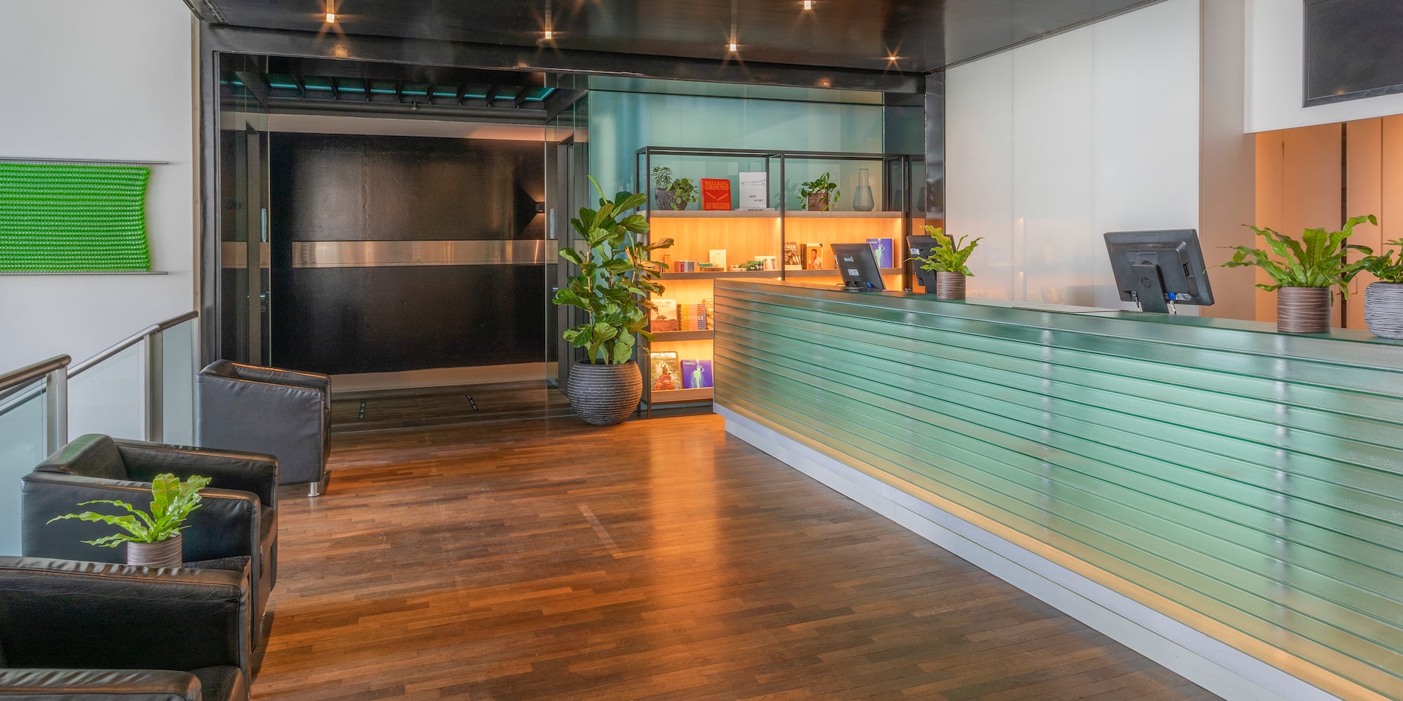a reception desk in a building