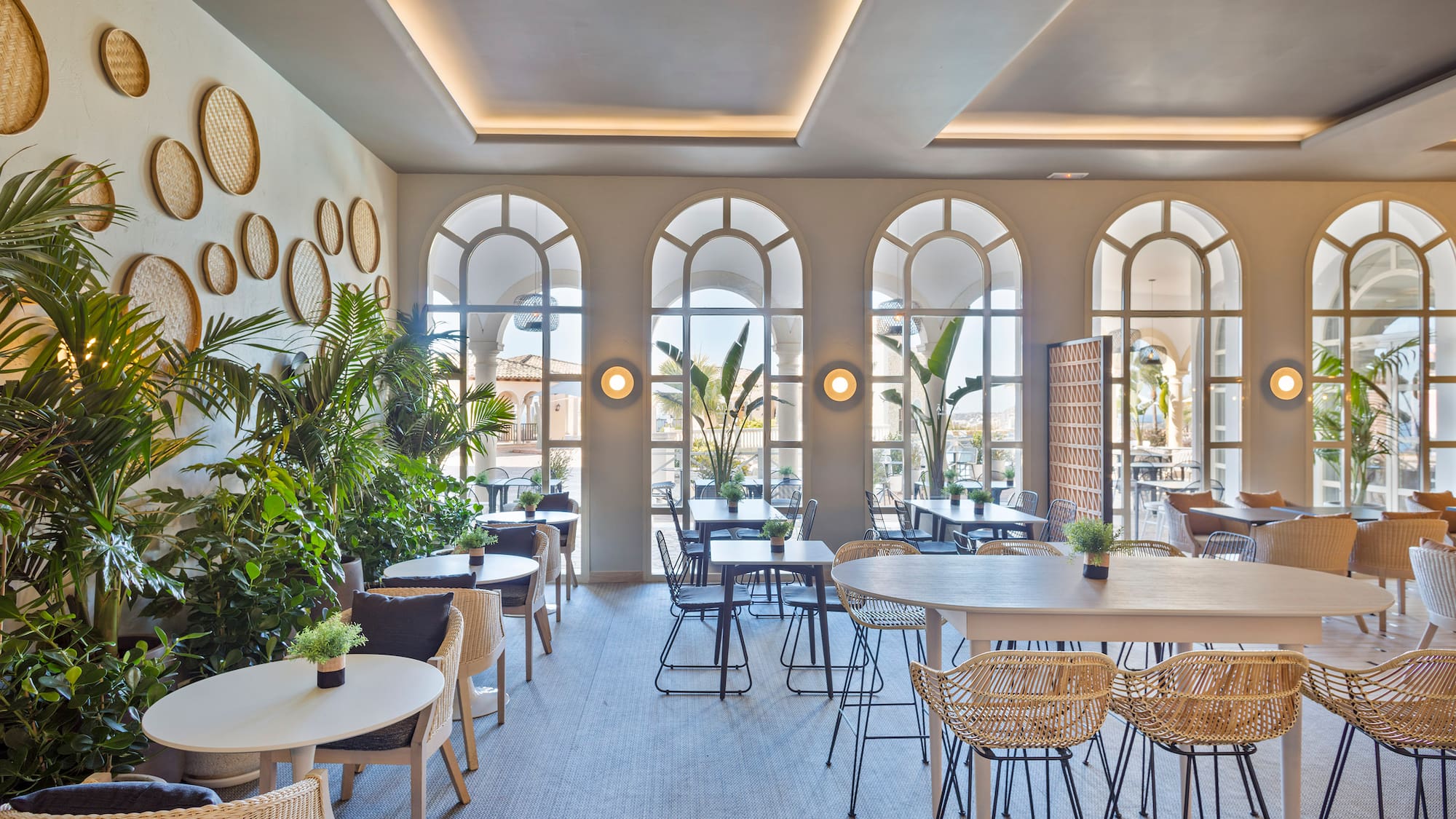 a room with tables and chairs