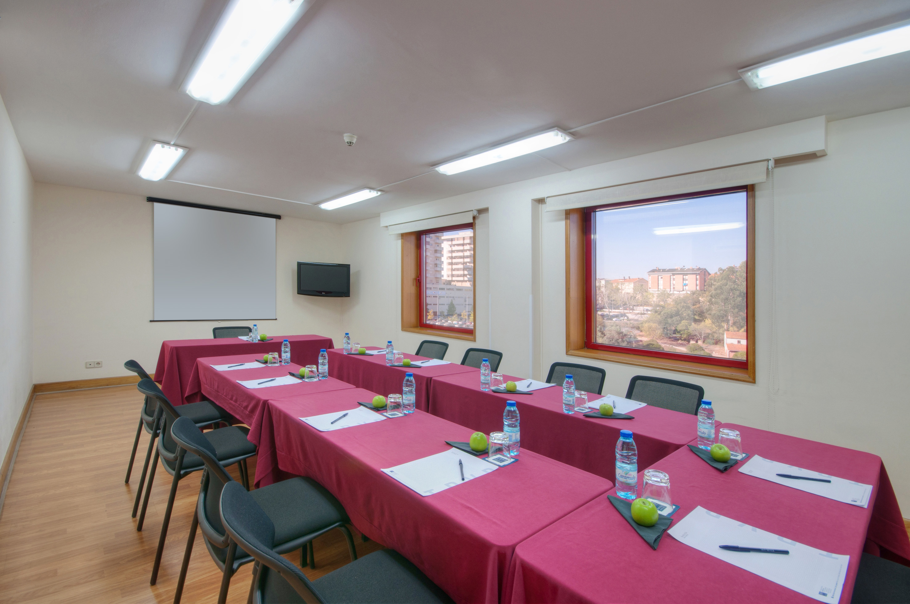 Equipped meeting room with red tables, screen, individual water, apples, and outdoor view.