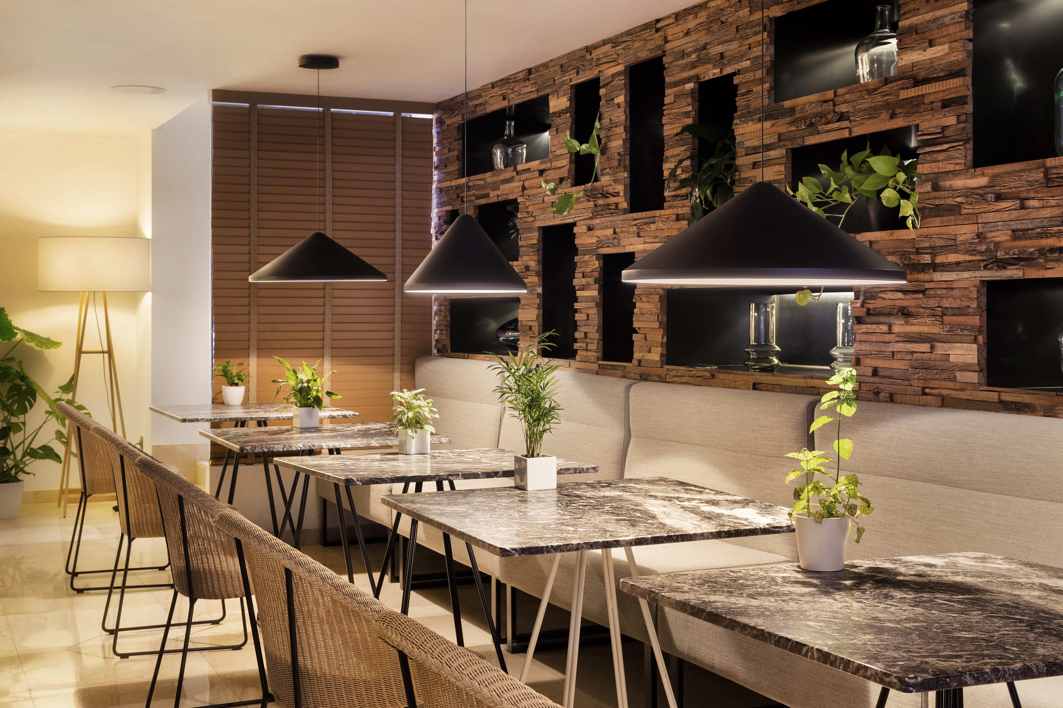 a room with tables and chairs