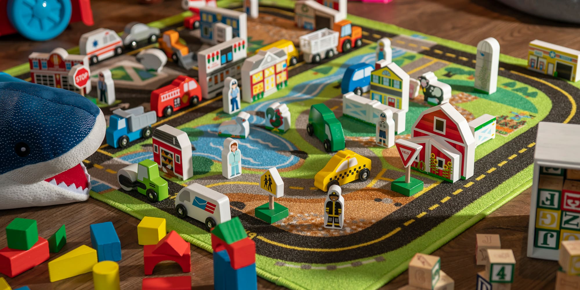 a group of toys on a rug