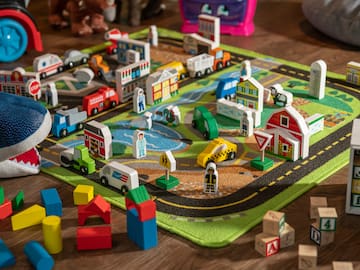 a group of toys on a rug