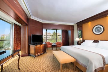 a room with a bed and a television