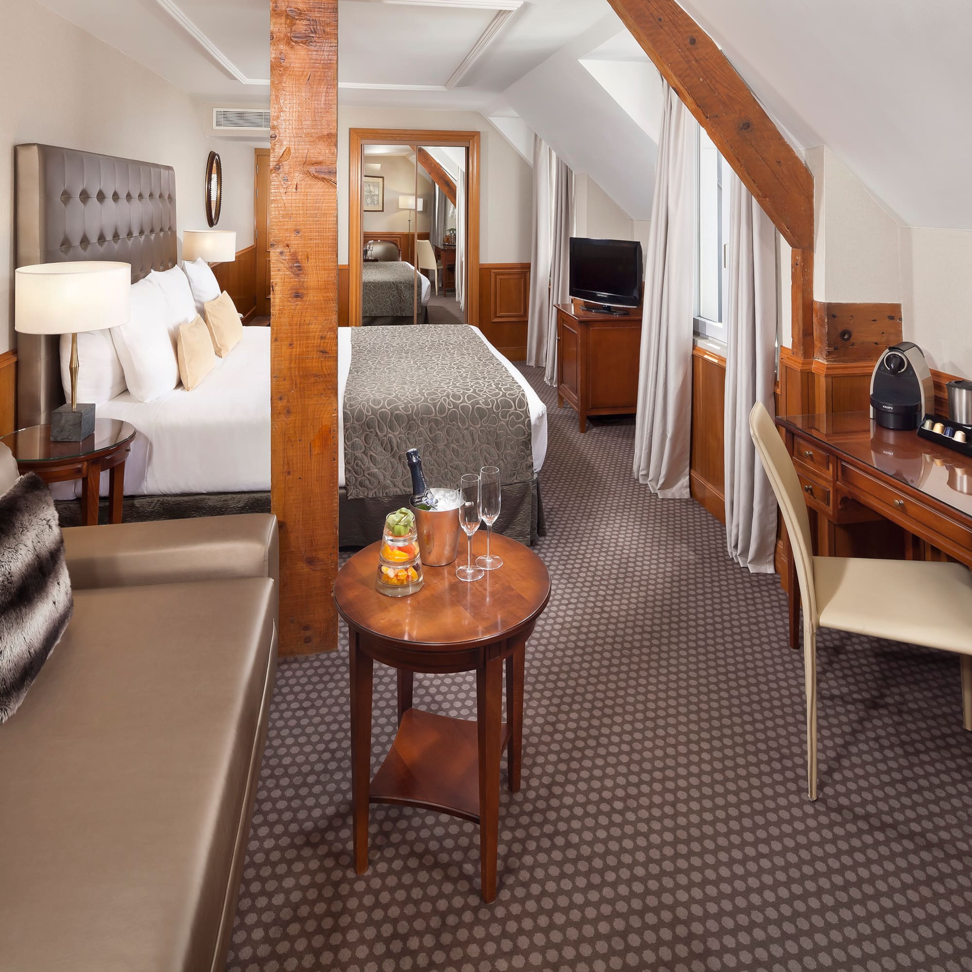 a room with a bed and a table