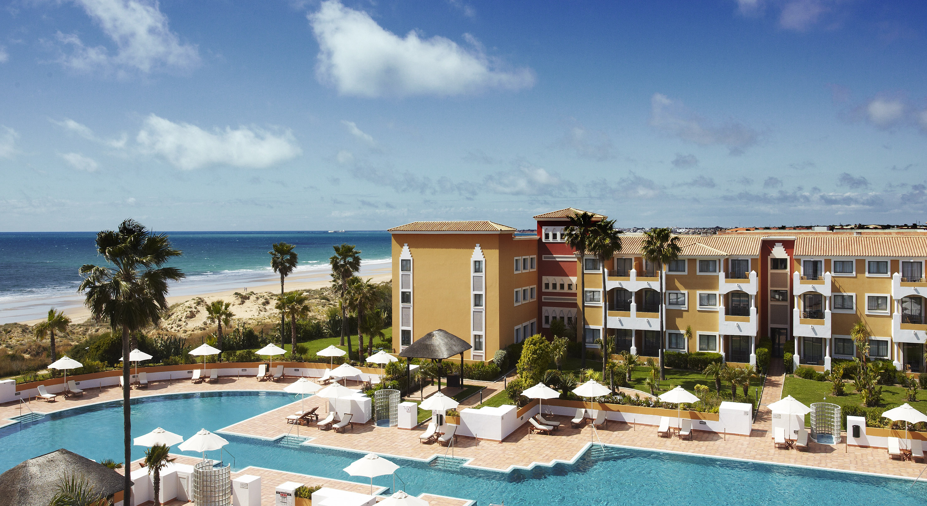Beach resort hotel with pool, palm trees, sandy beach, and ocean view.