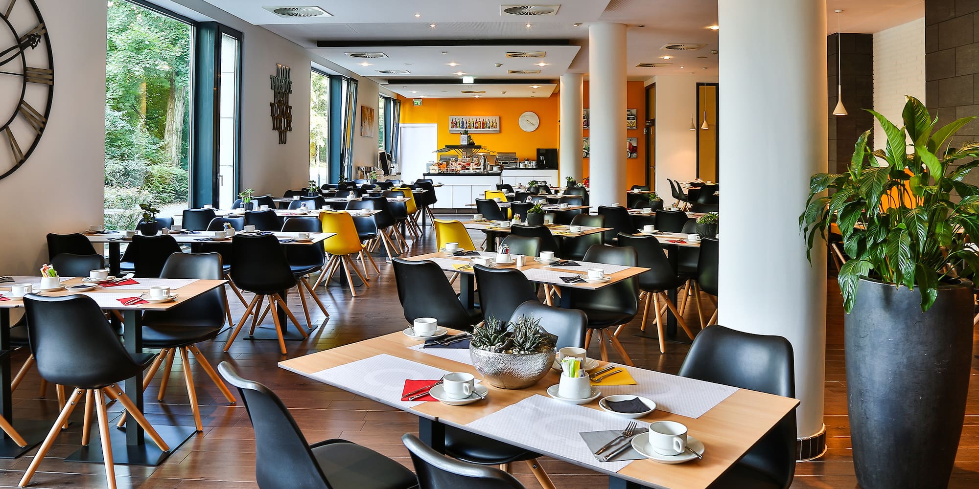 a room with tables and chairs