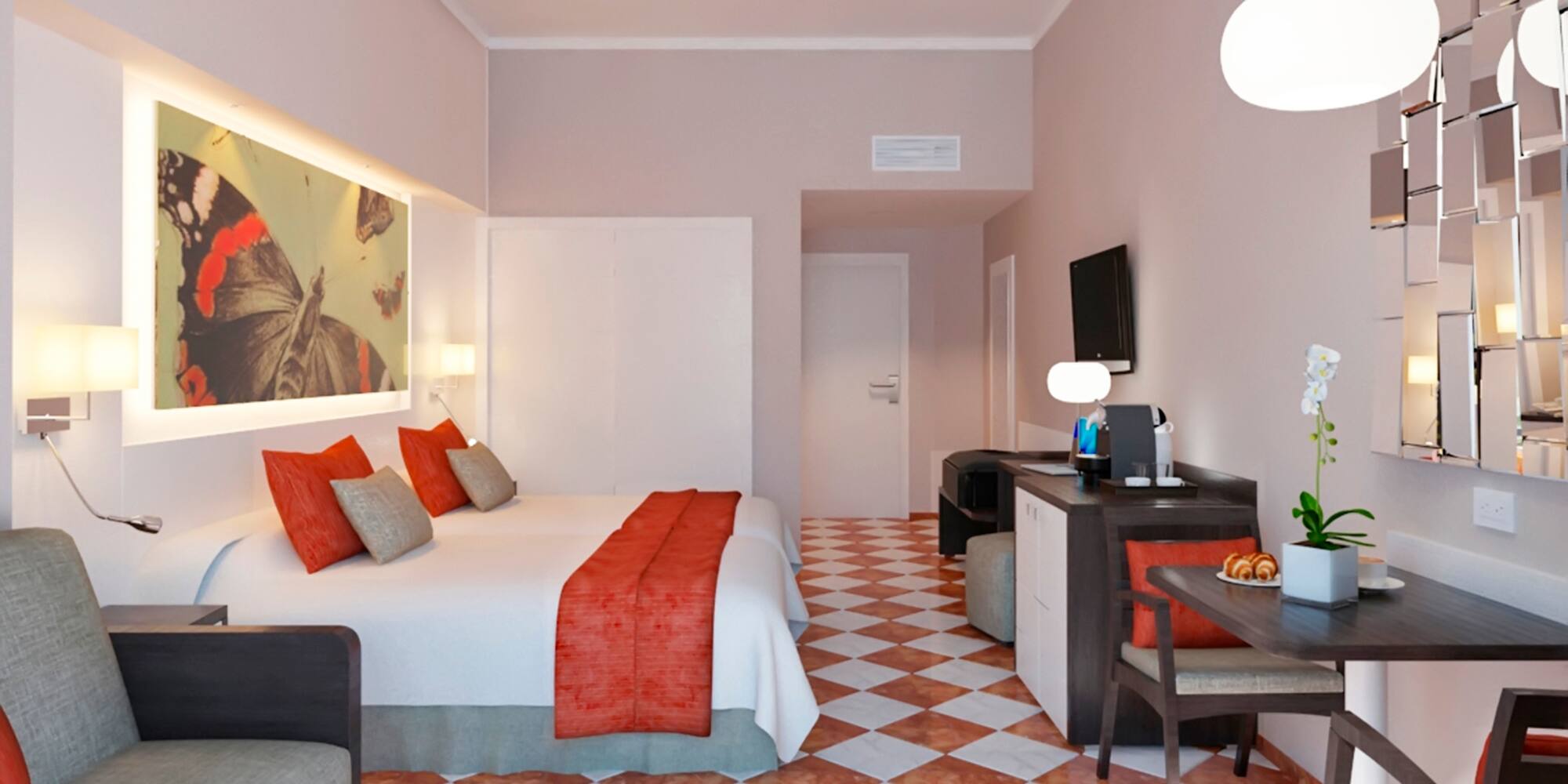 a room with a bed and a desk