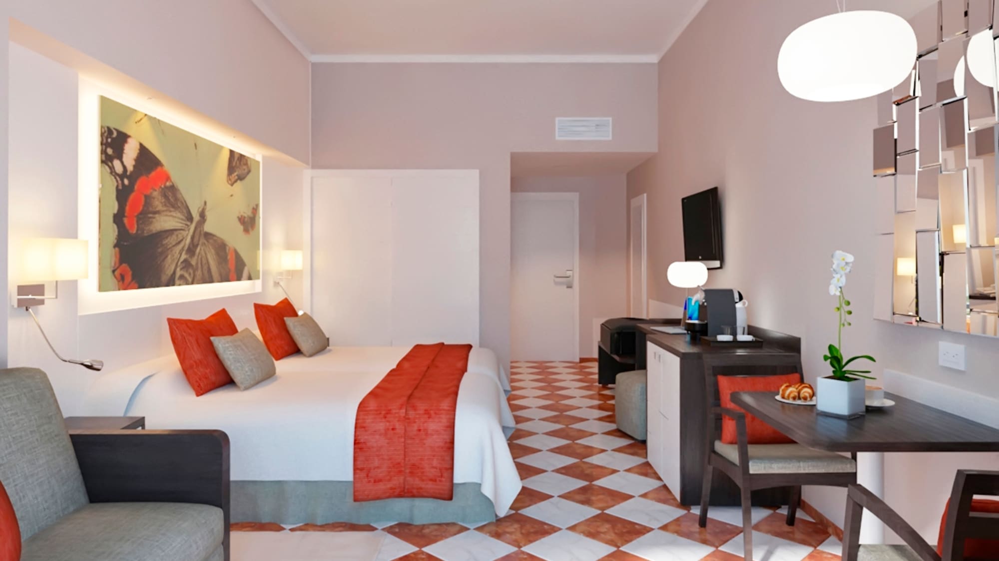 a room with a bed and a desk