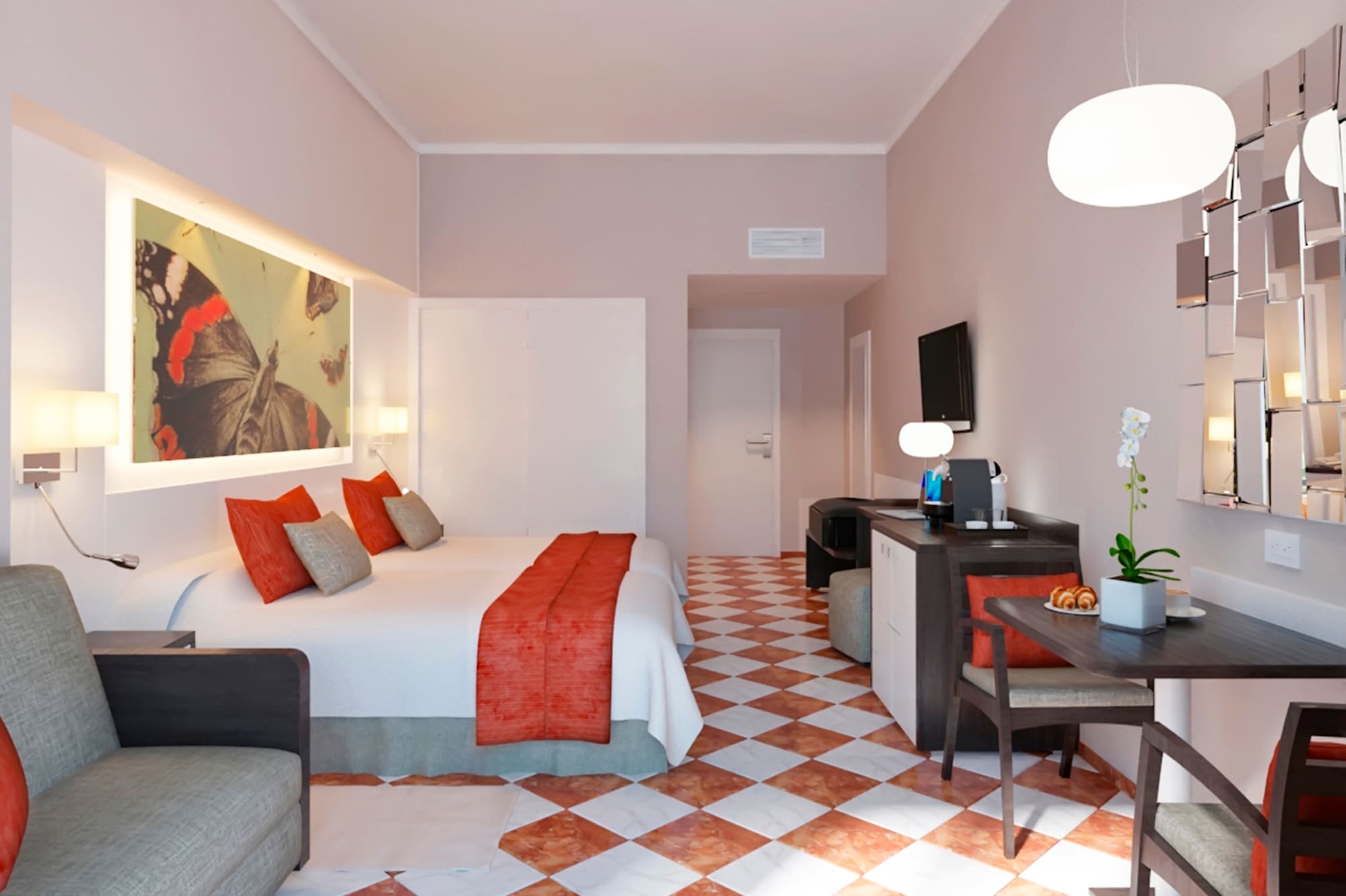 a room with a bed and a desk