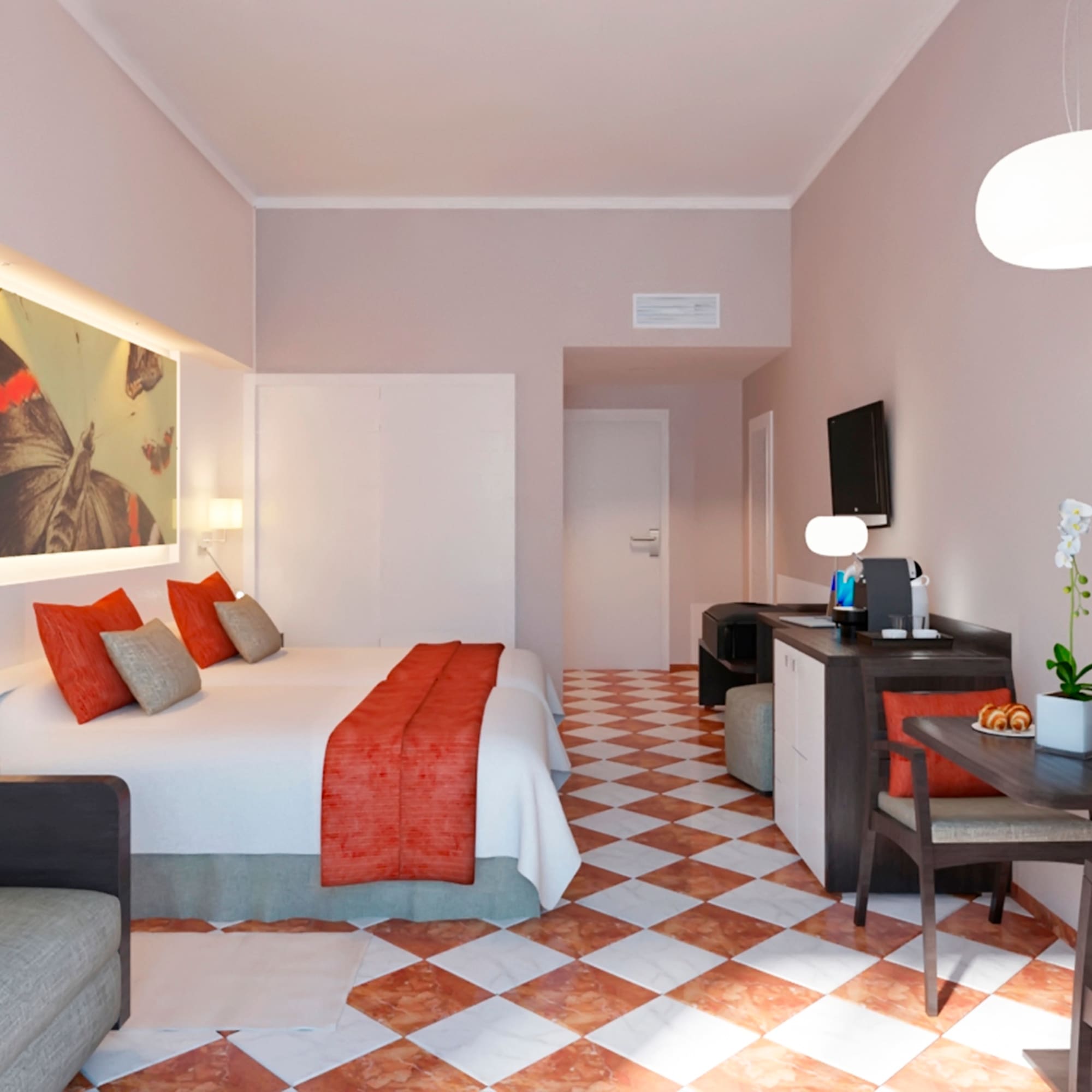 a room with a bed and a desk