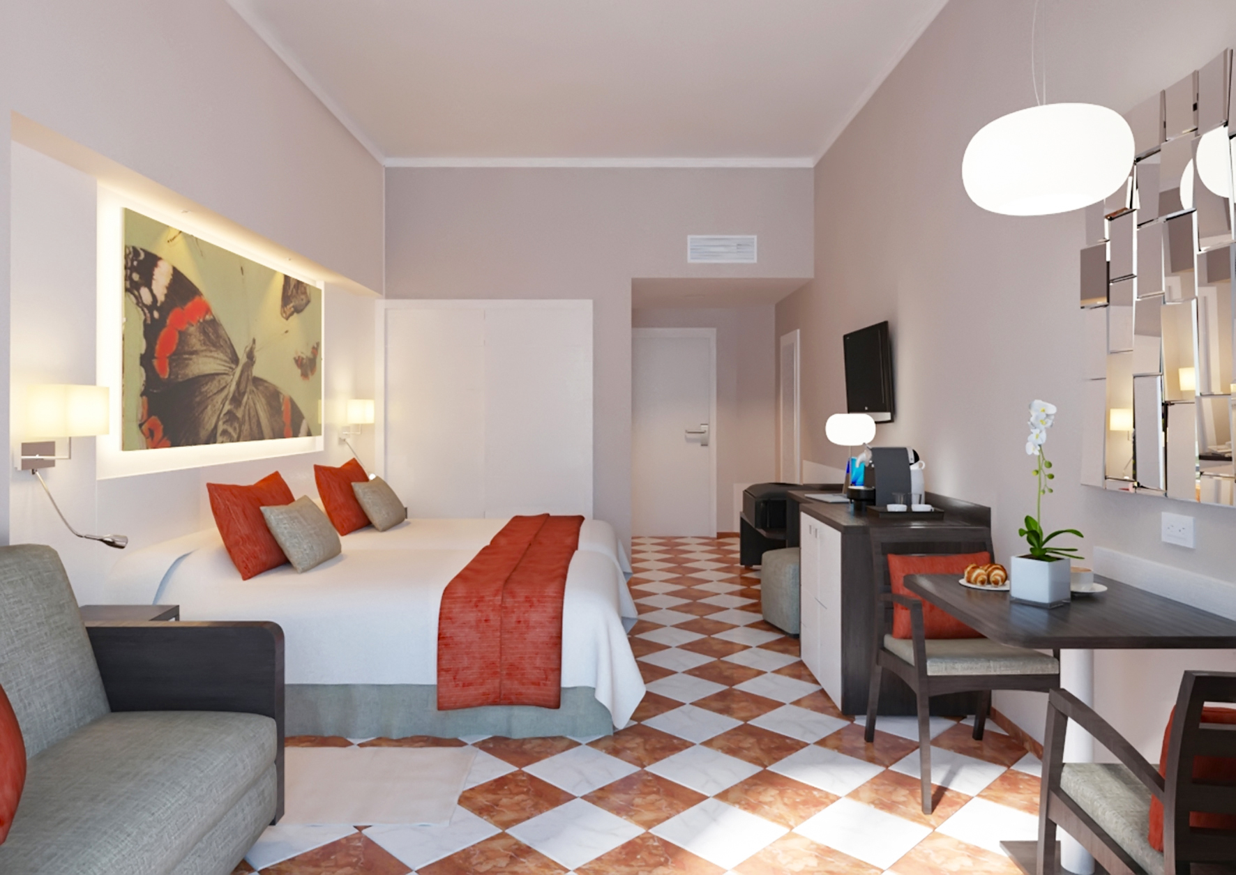 a room with a bed and a desk