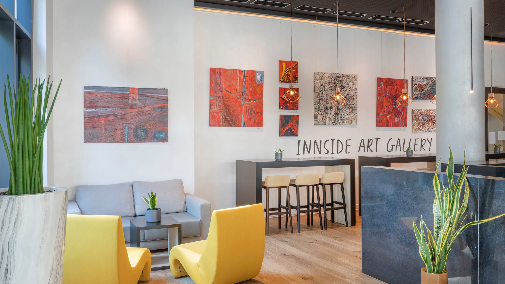 a room with art on the wall