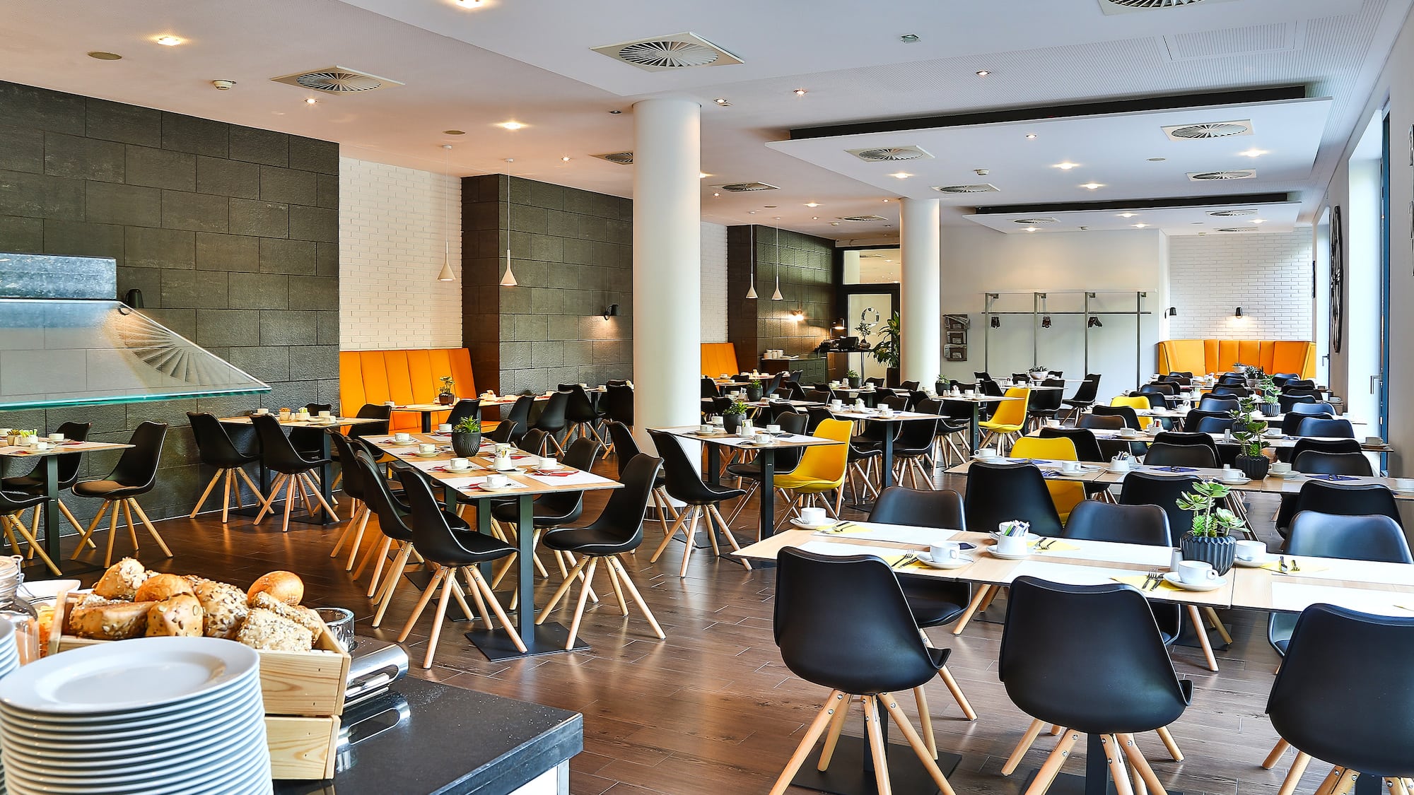 a room with tables and chairs