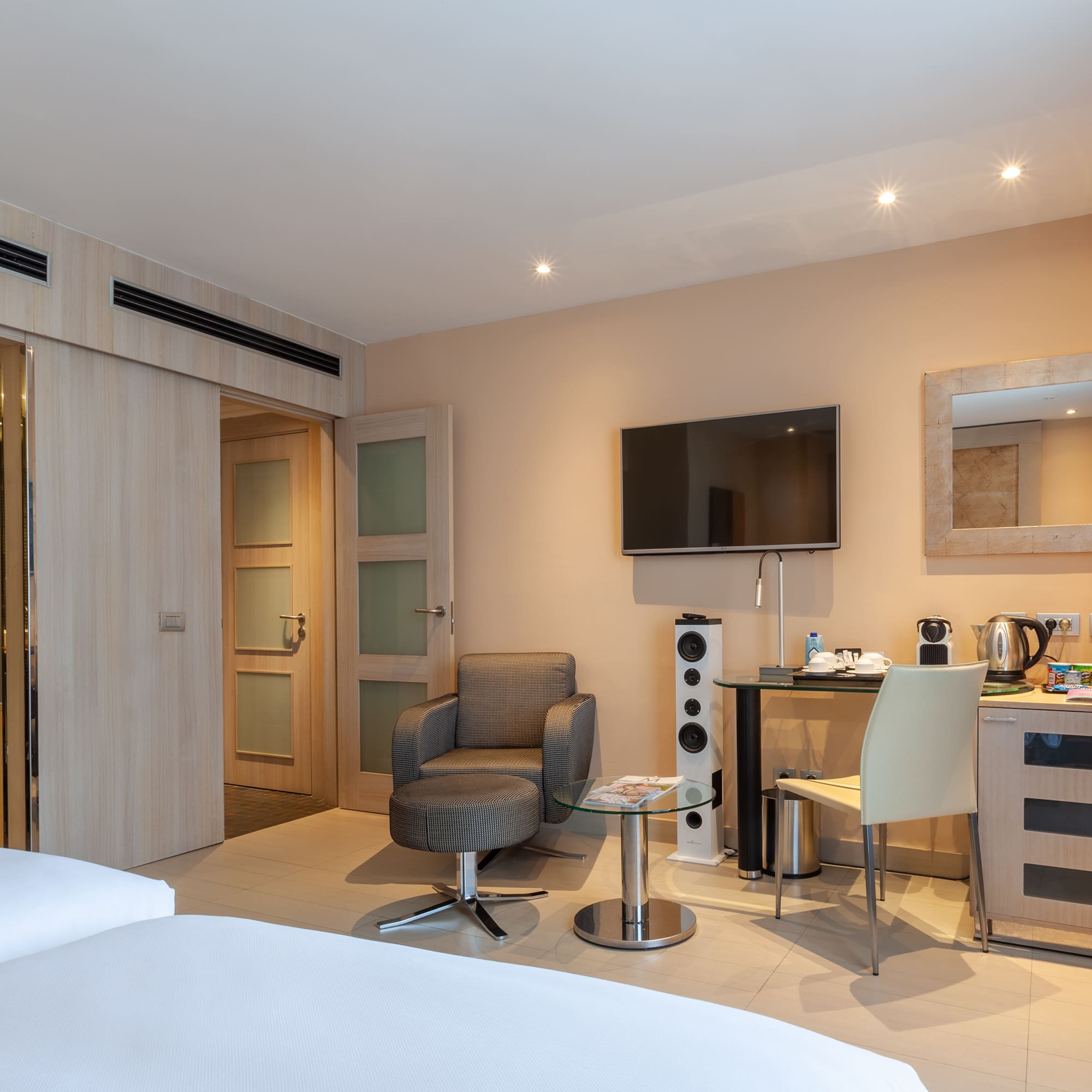 a room with a tv and a table