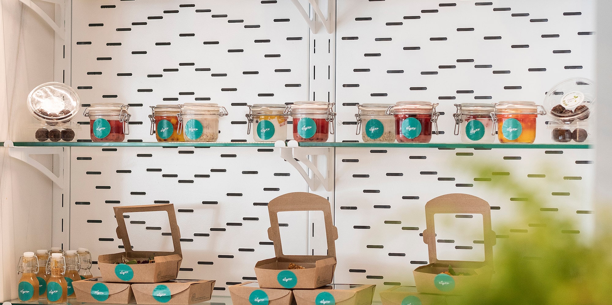 shelves with different drinks and food items