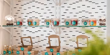 shelves with different drinks and food items