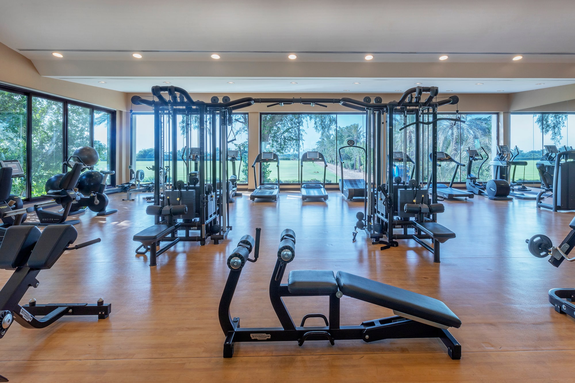 a large gym with exercise equipment