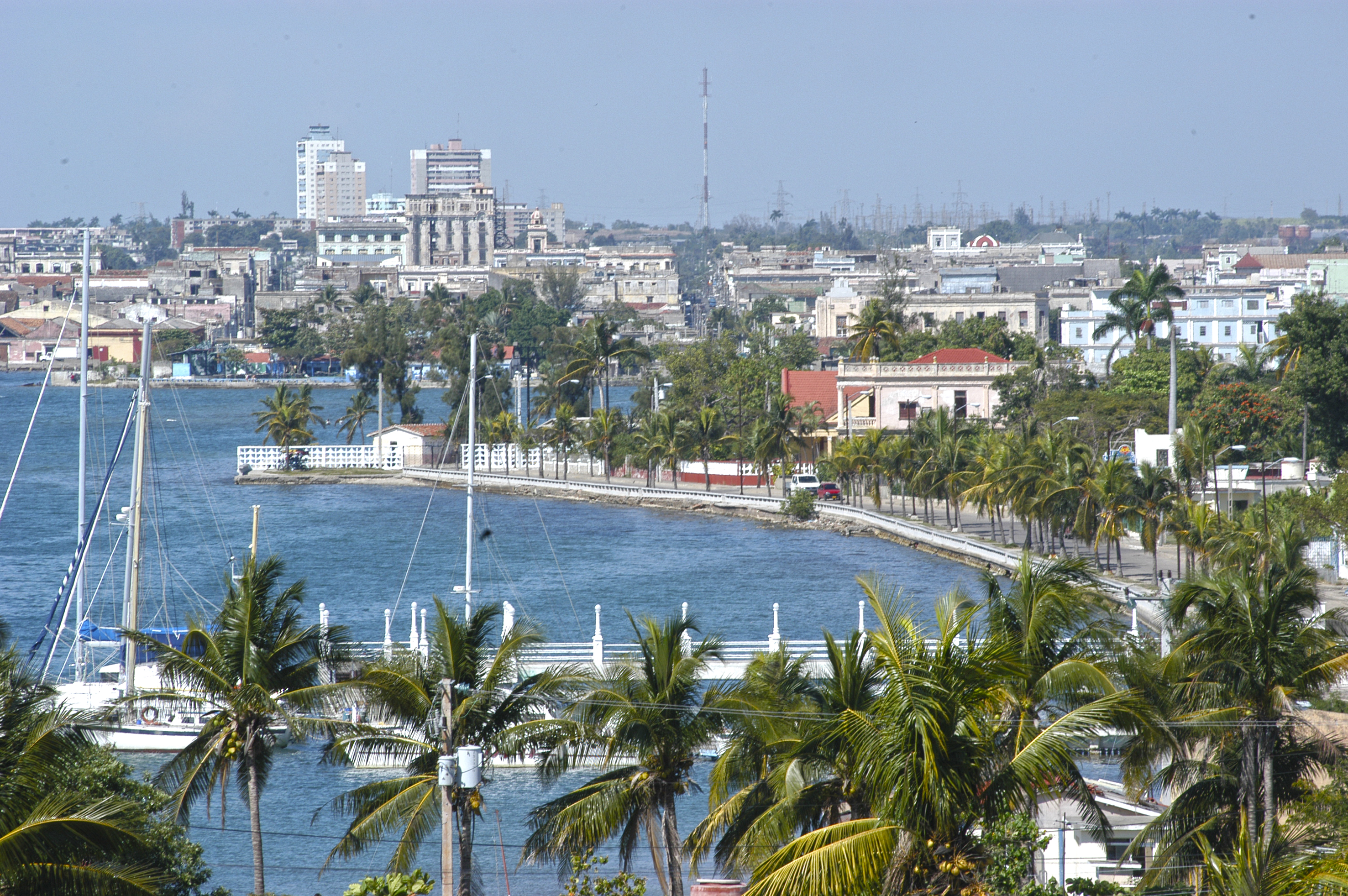 a body of water with palm trees and buildings in the background