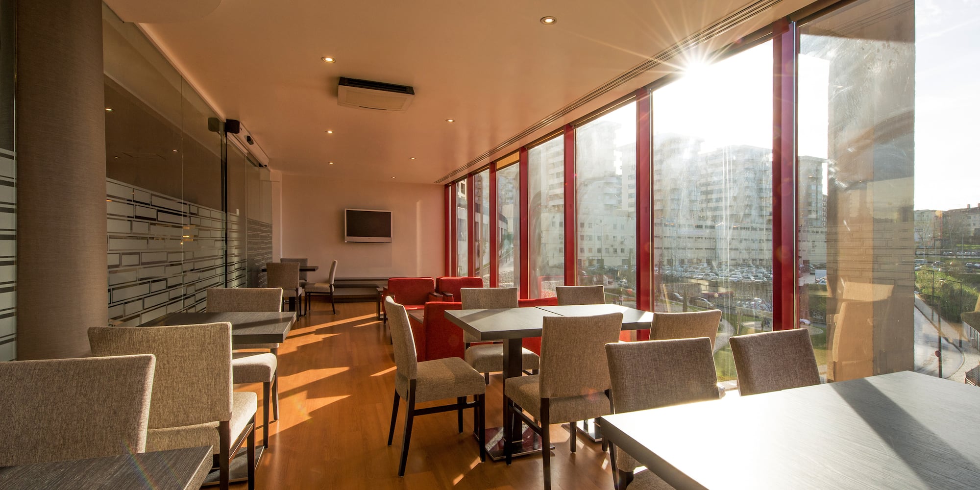 a room with tables and chairs