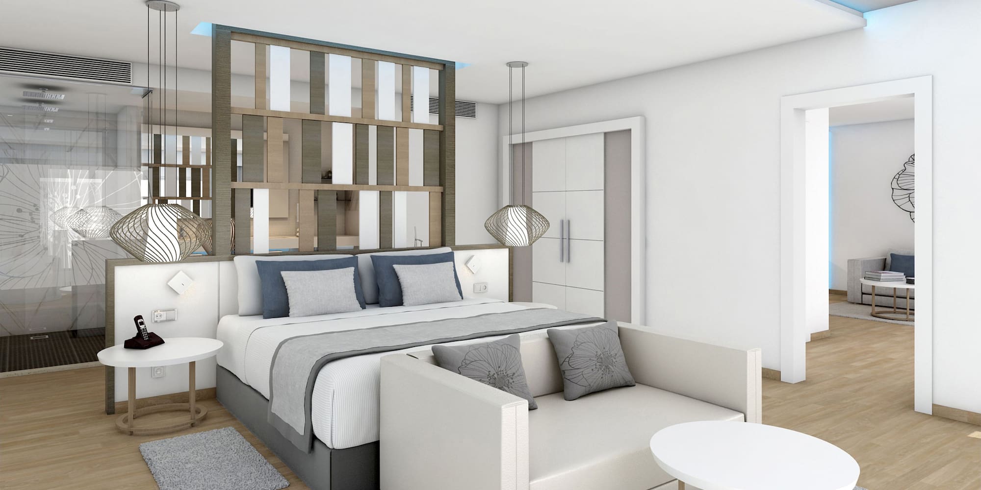 a bedroom with a bed and a couch