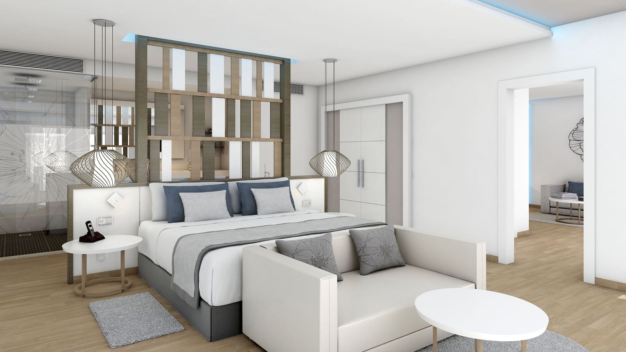 a bedroom with a bed and a couch