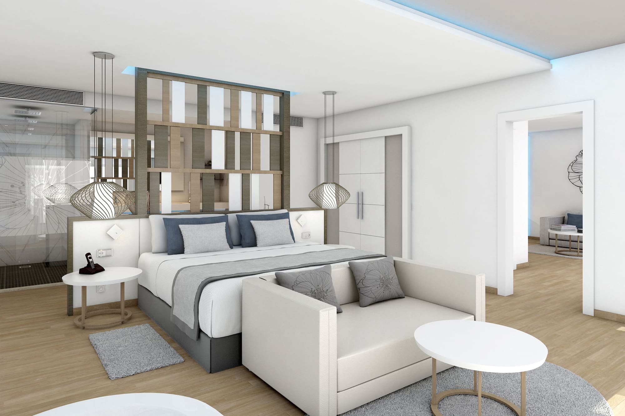 a bedroom with a bed and a couch