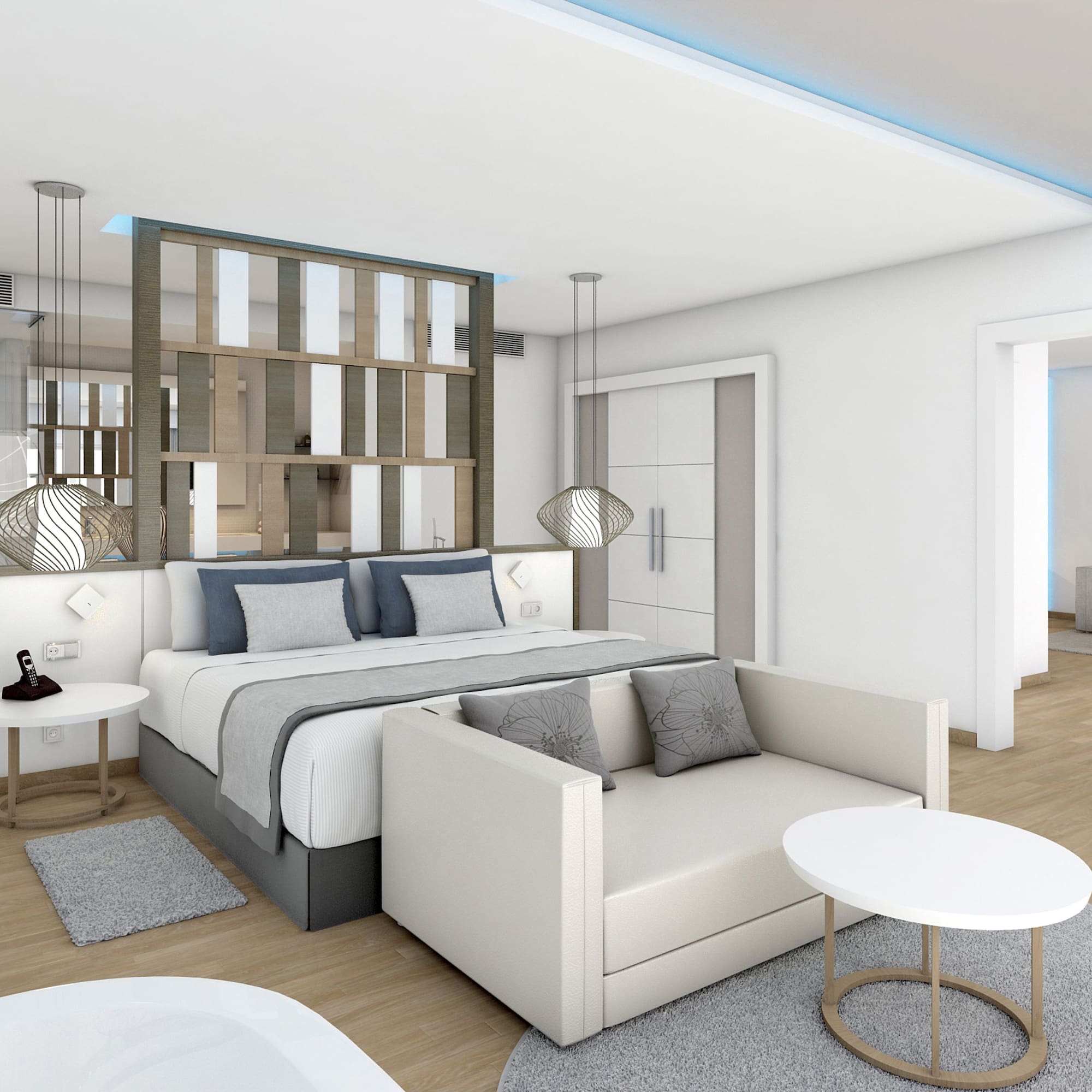 a bedroom with a bed and a couch