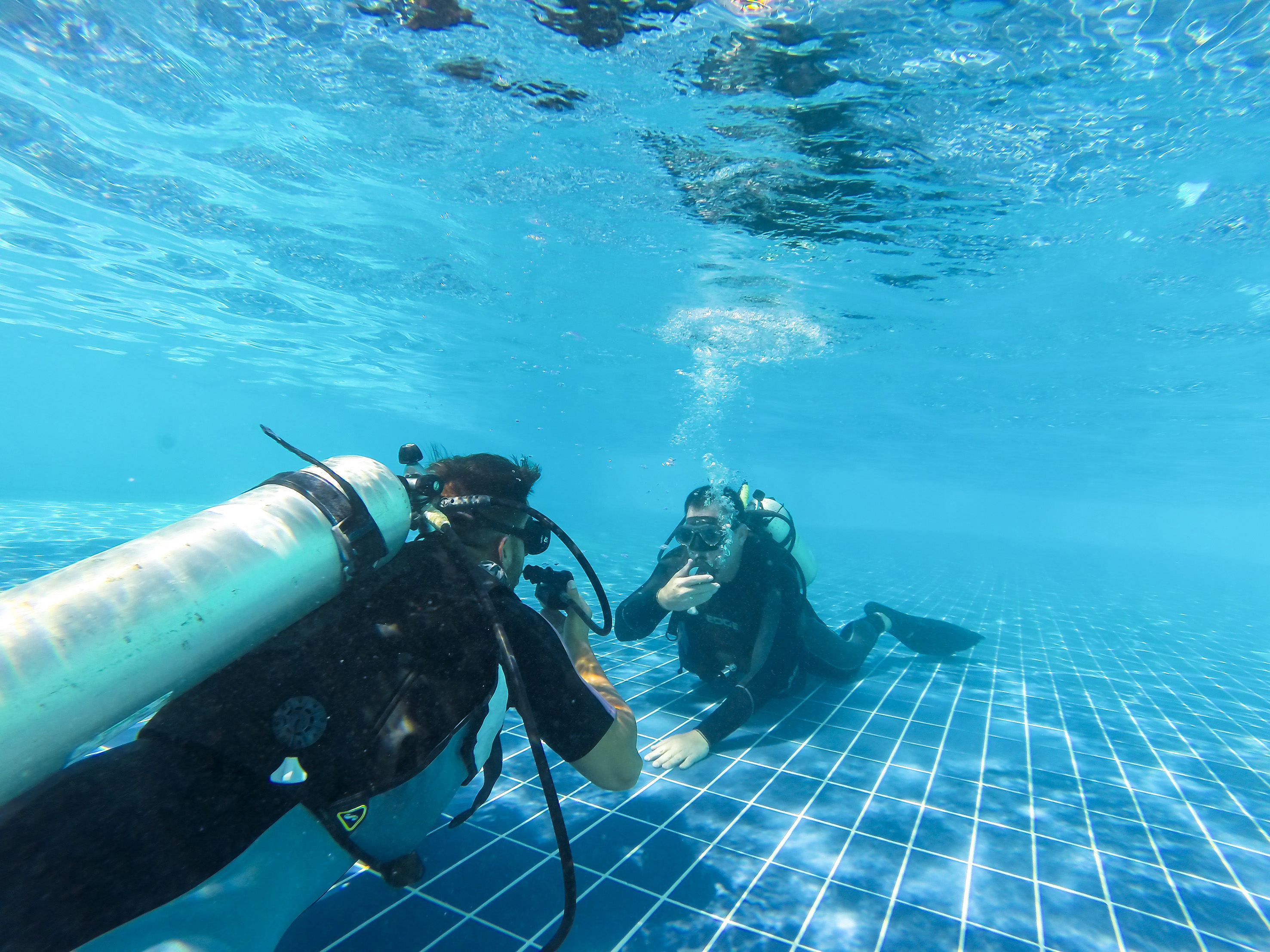a group of people underwater in a pool