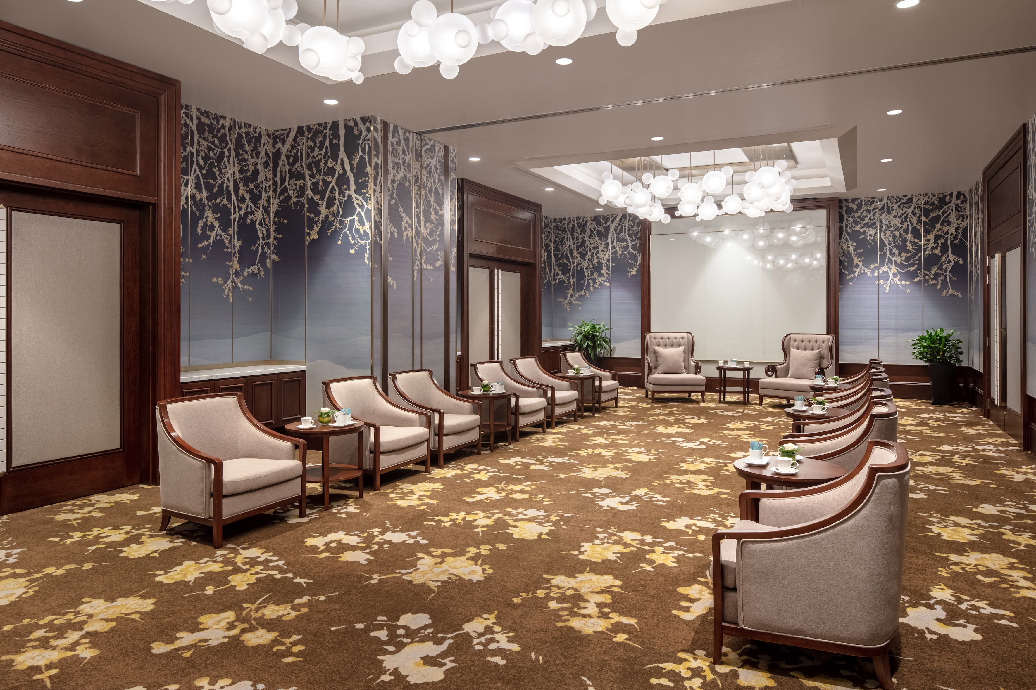 a room with chairs and tables