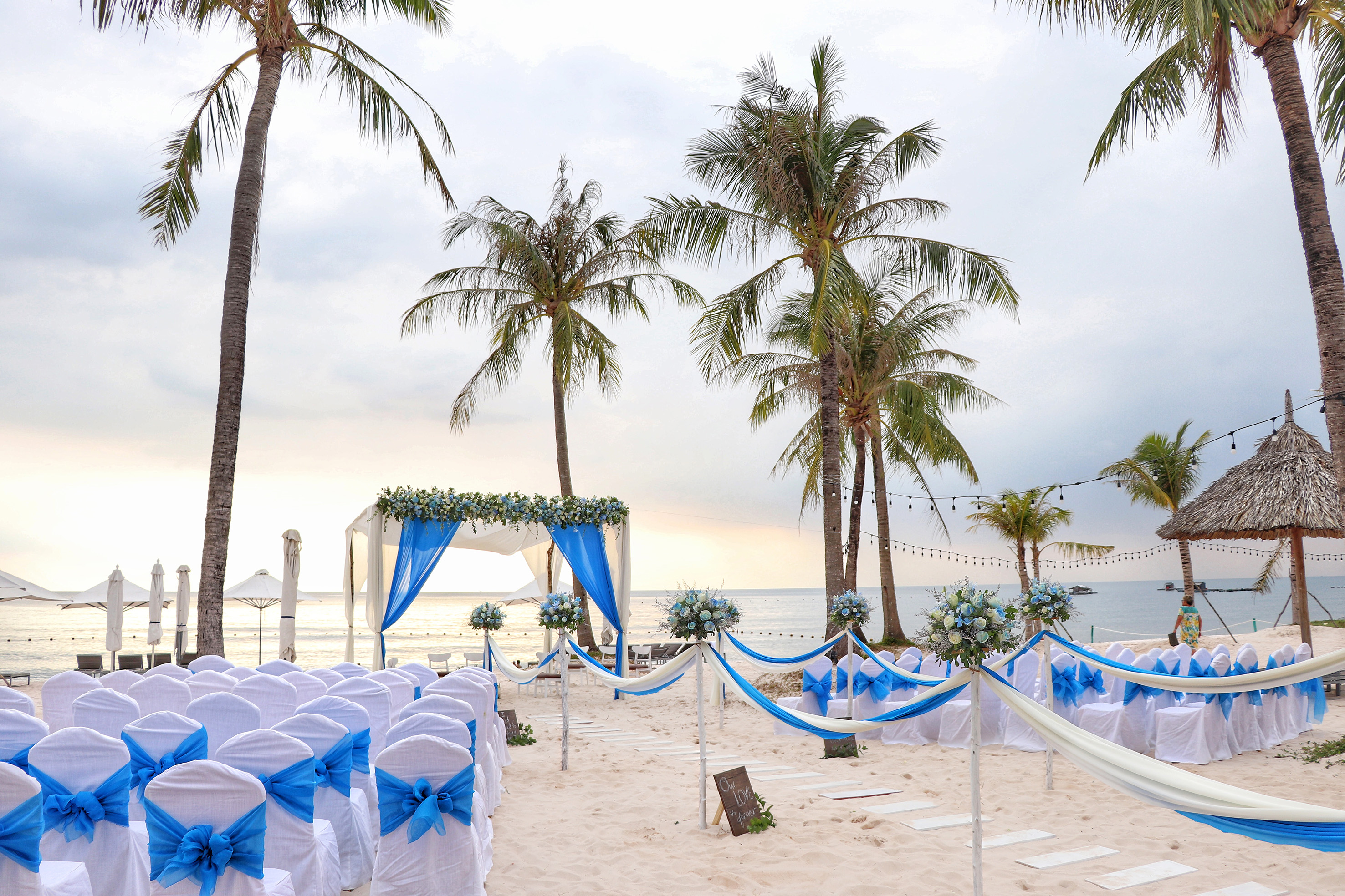 Beach wedding ceremony decor: white chairs, blue sashes, arch, palm trees, sea.