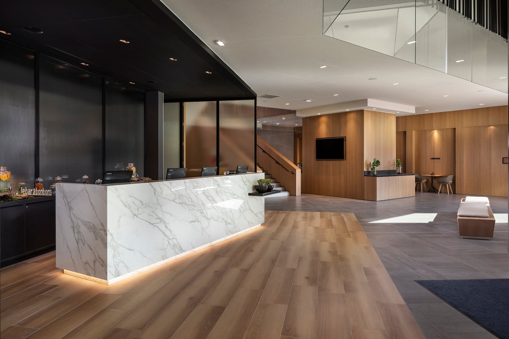 a reception desk in a building