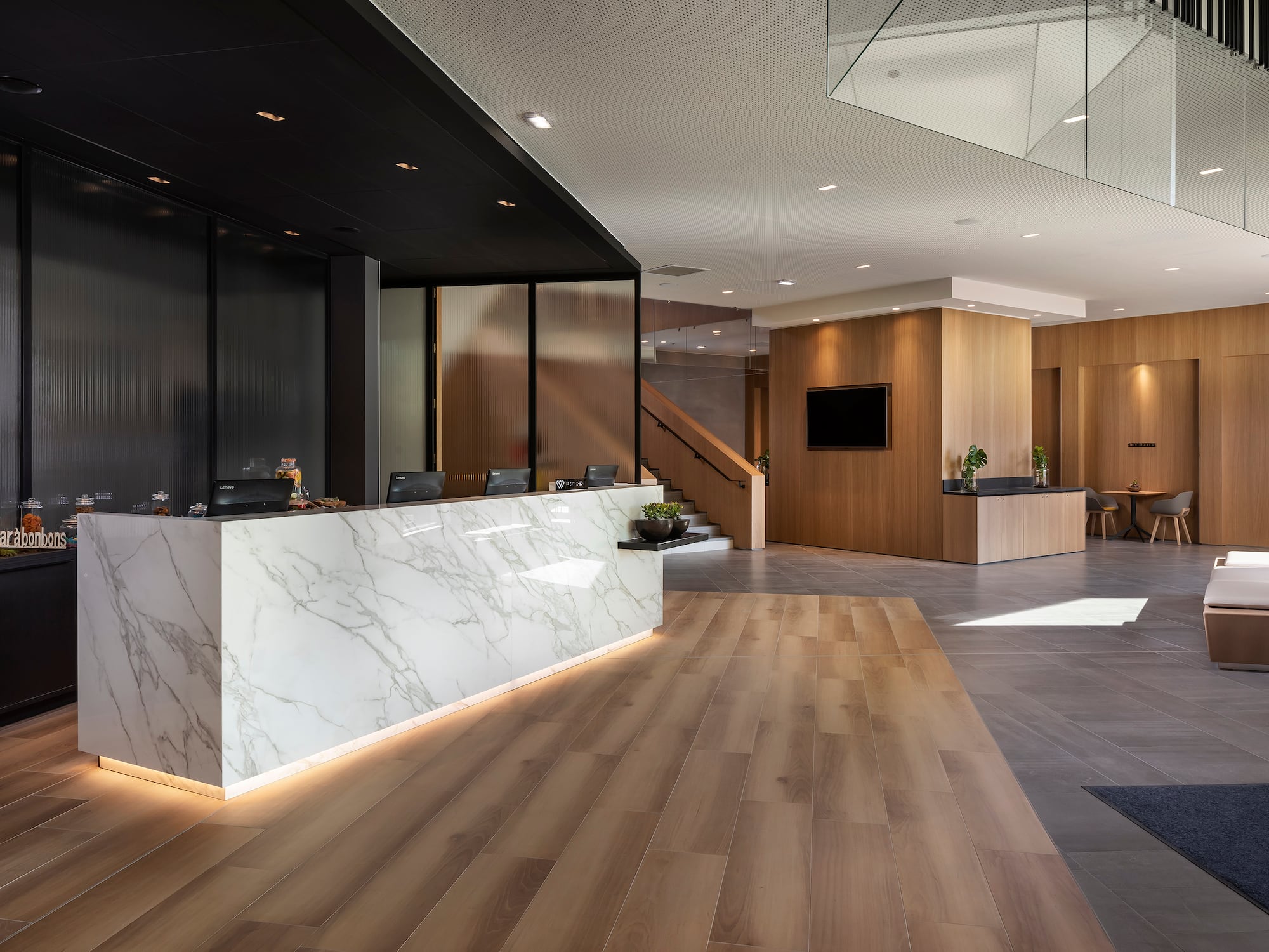 a reception desk in a building