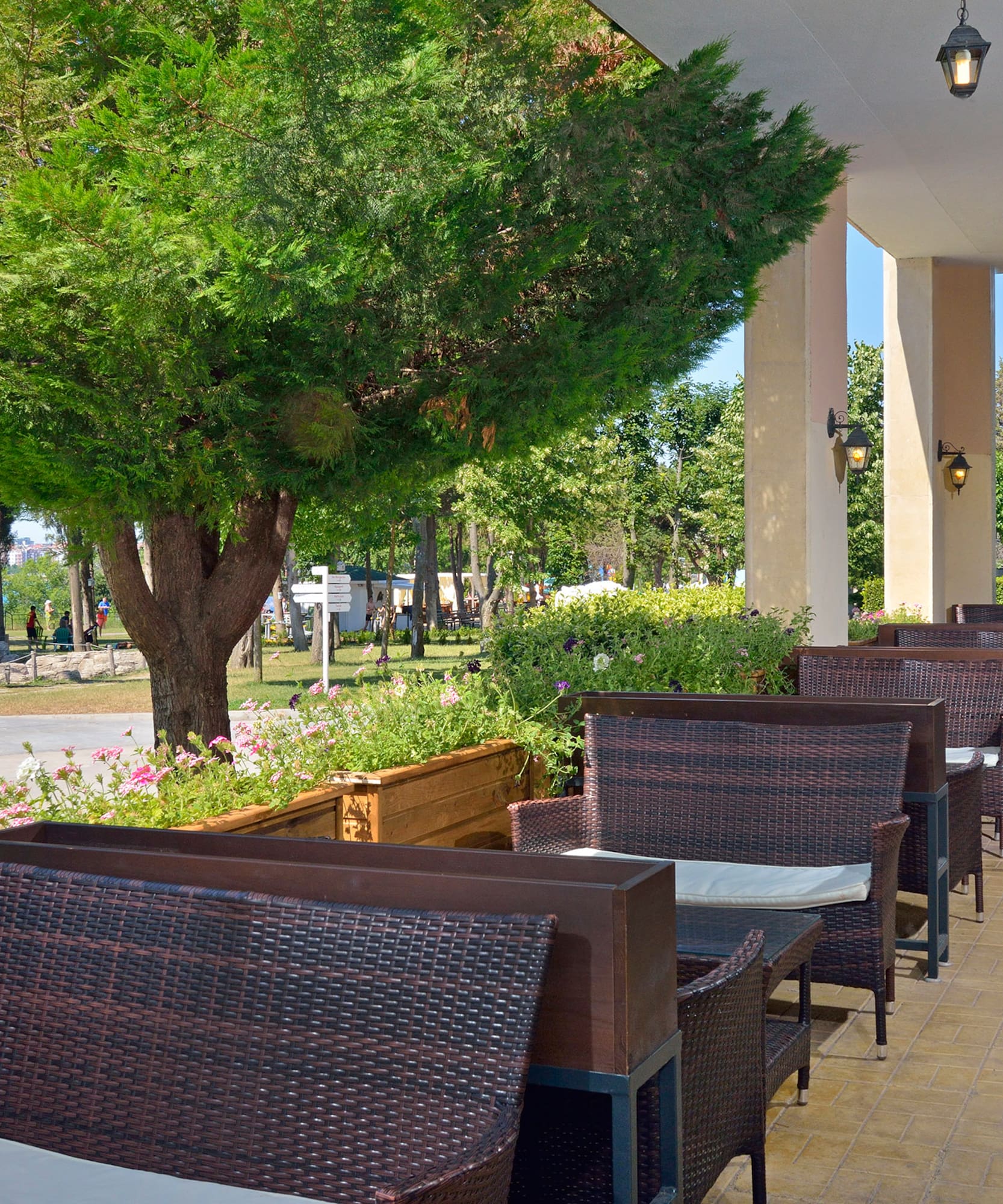 a row of chairs and tables on a patio