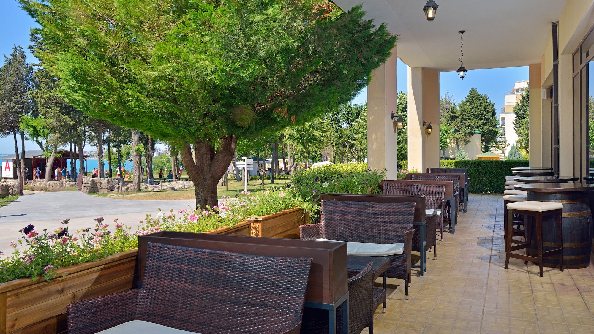a row of chairs and tables on a patio
