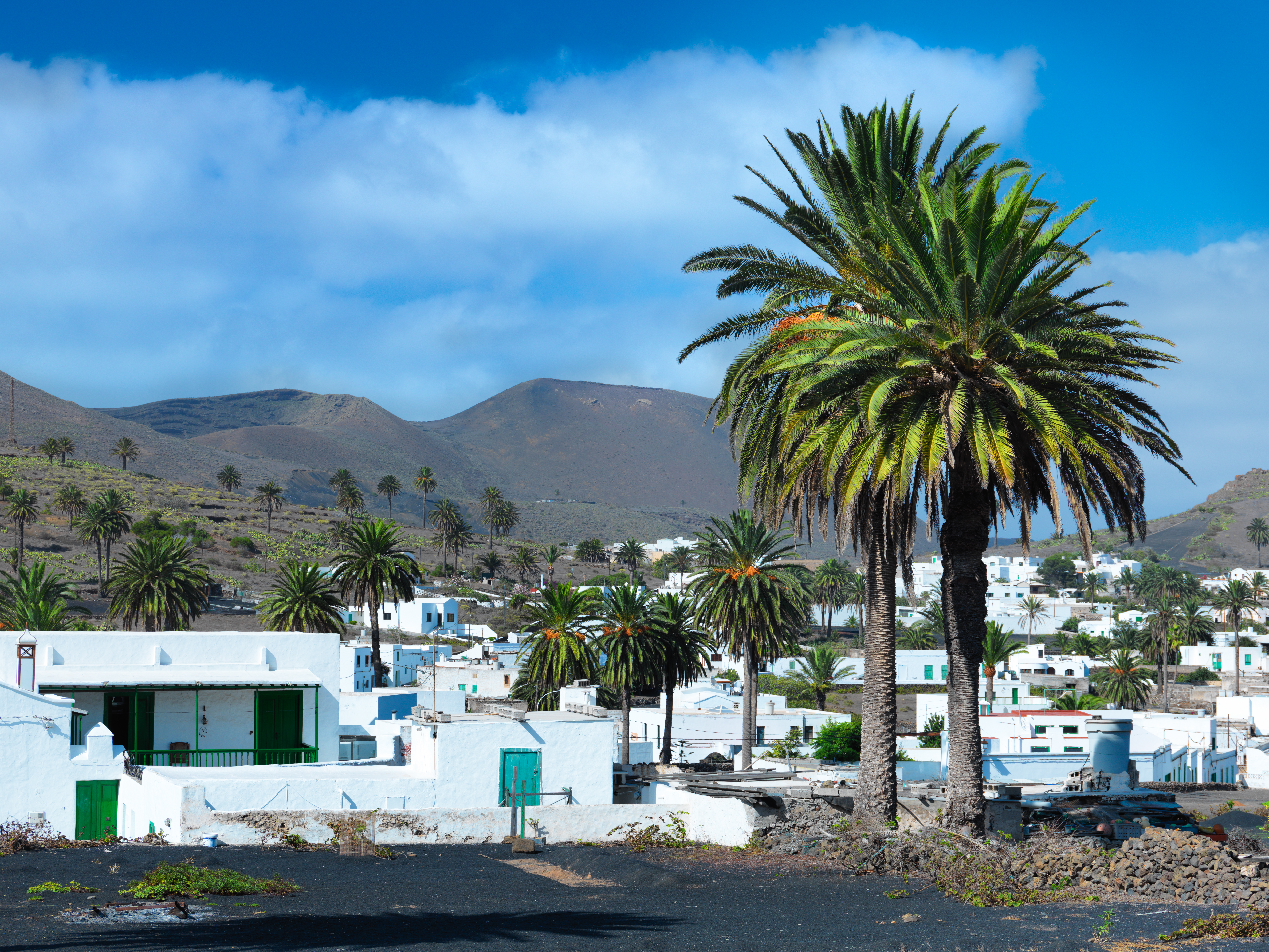 White village with palm trees and volcanic mountains under blue sky, Lanzarote.