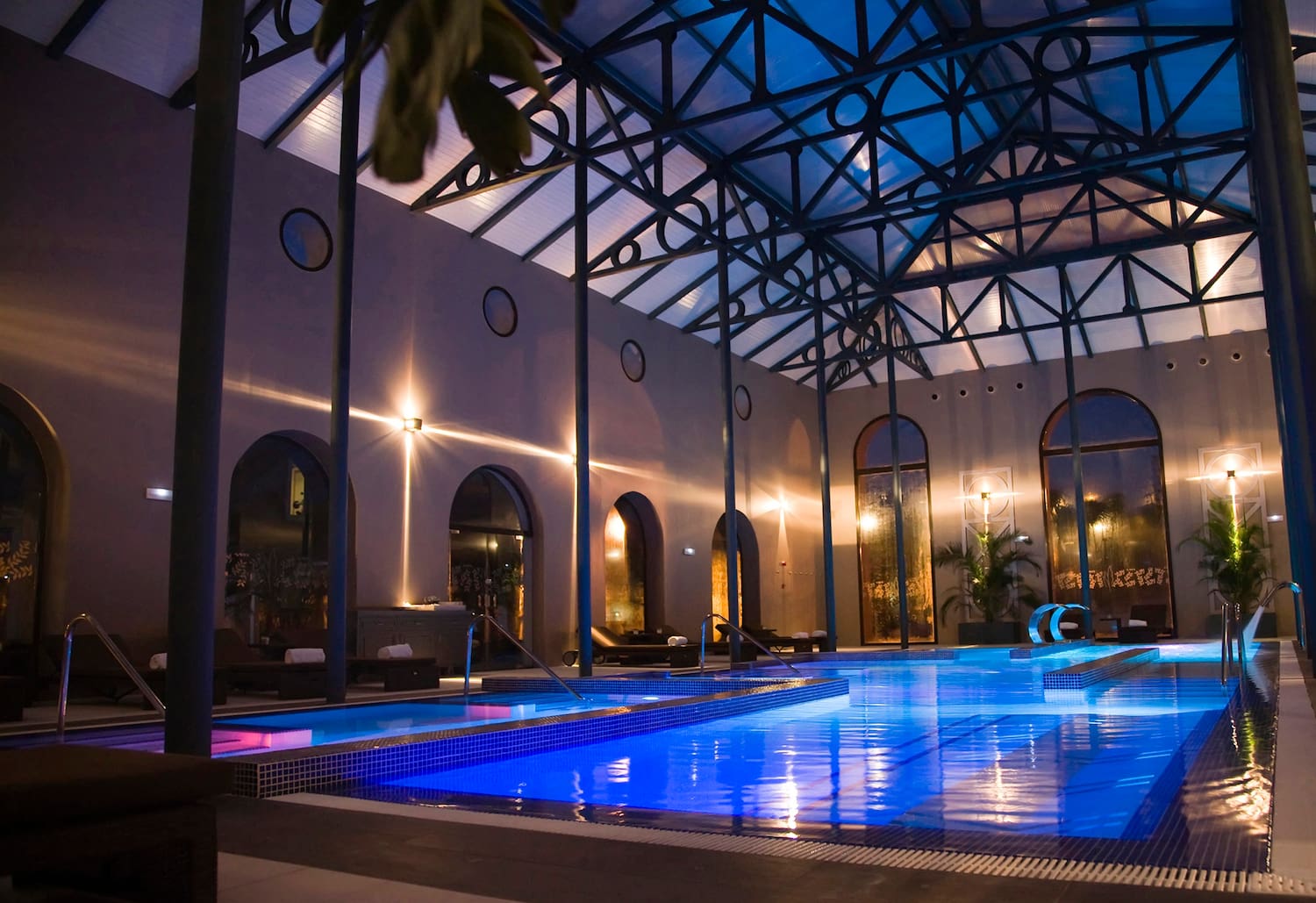 a swimming pool inside a building