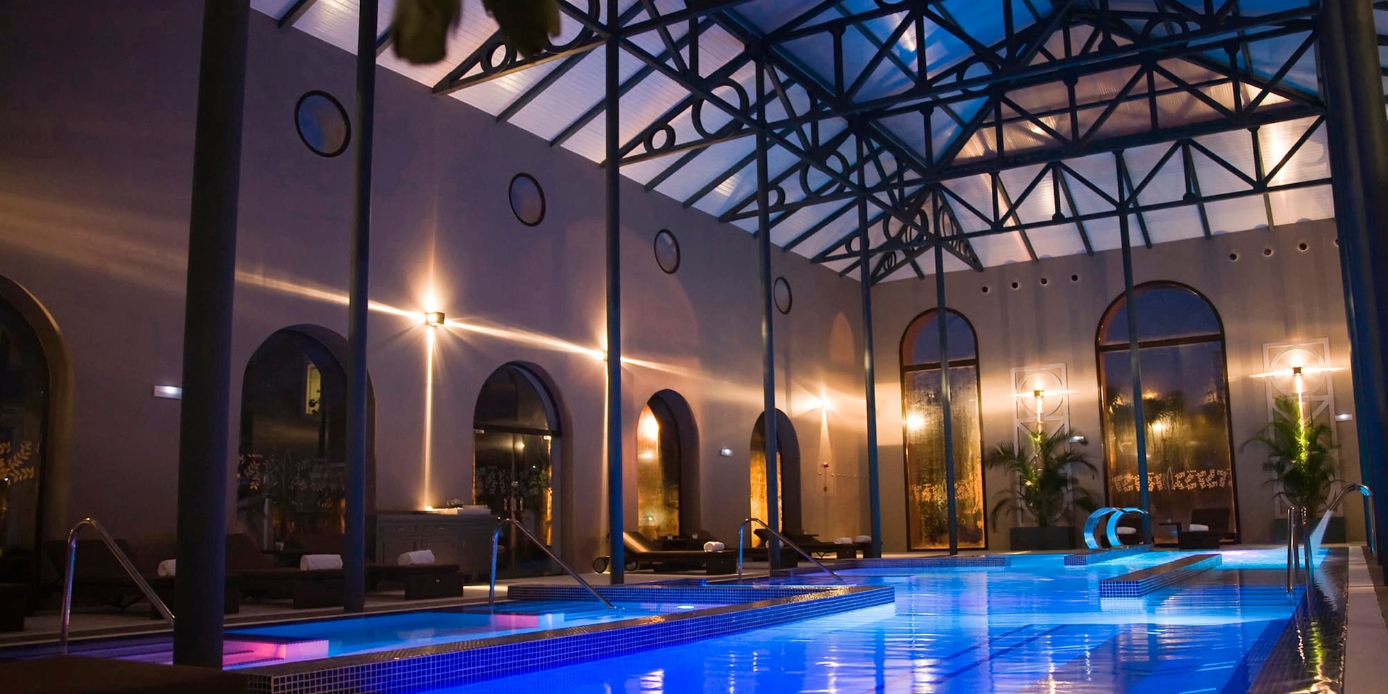 a swimming pool inside a building