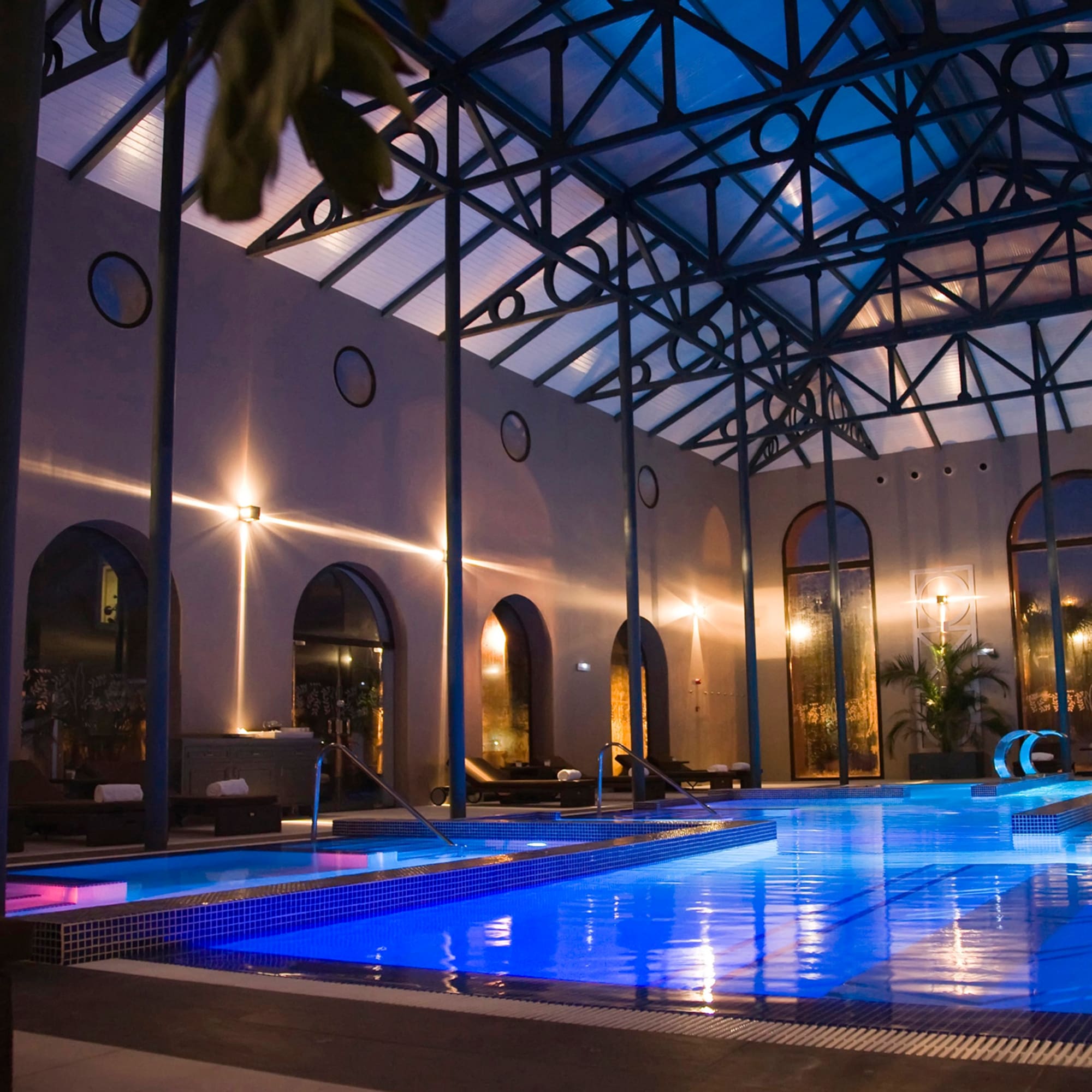 a swimming pool inside a building